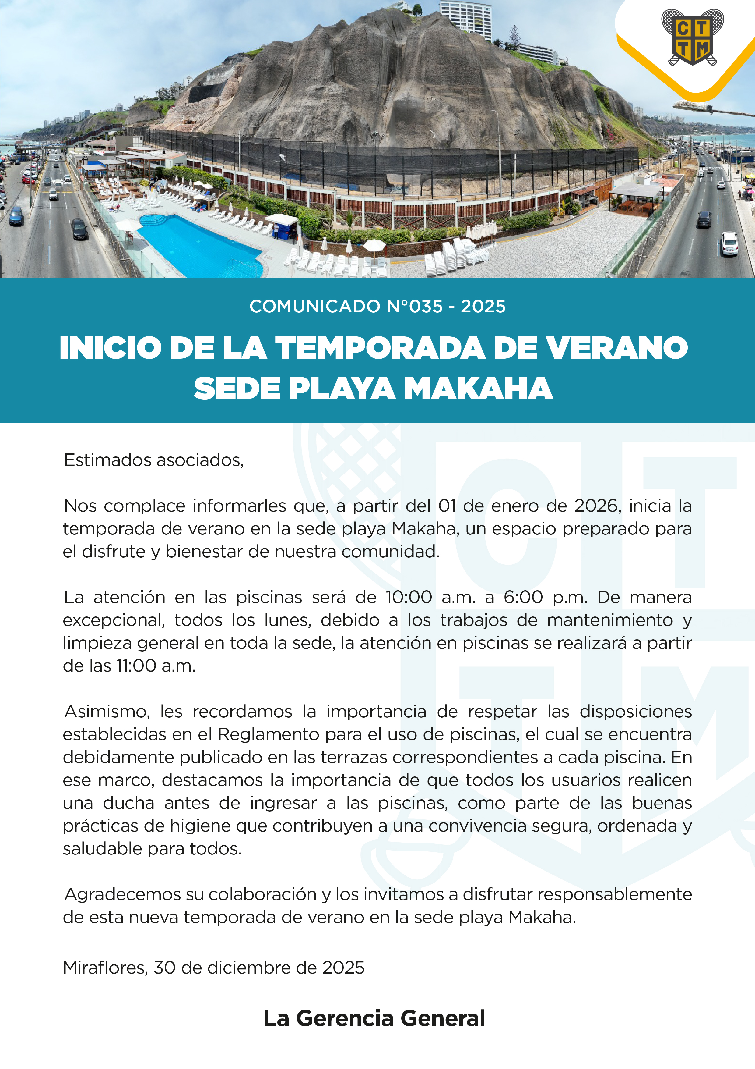 📣COMUNICADO N°035 - 2025 -INICIO DE LA TEMPORADA DE VERANO EN LA SEDE PLAYA MAKAHA