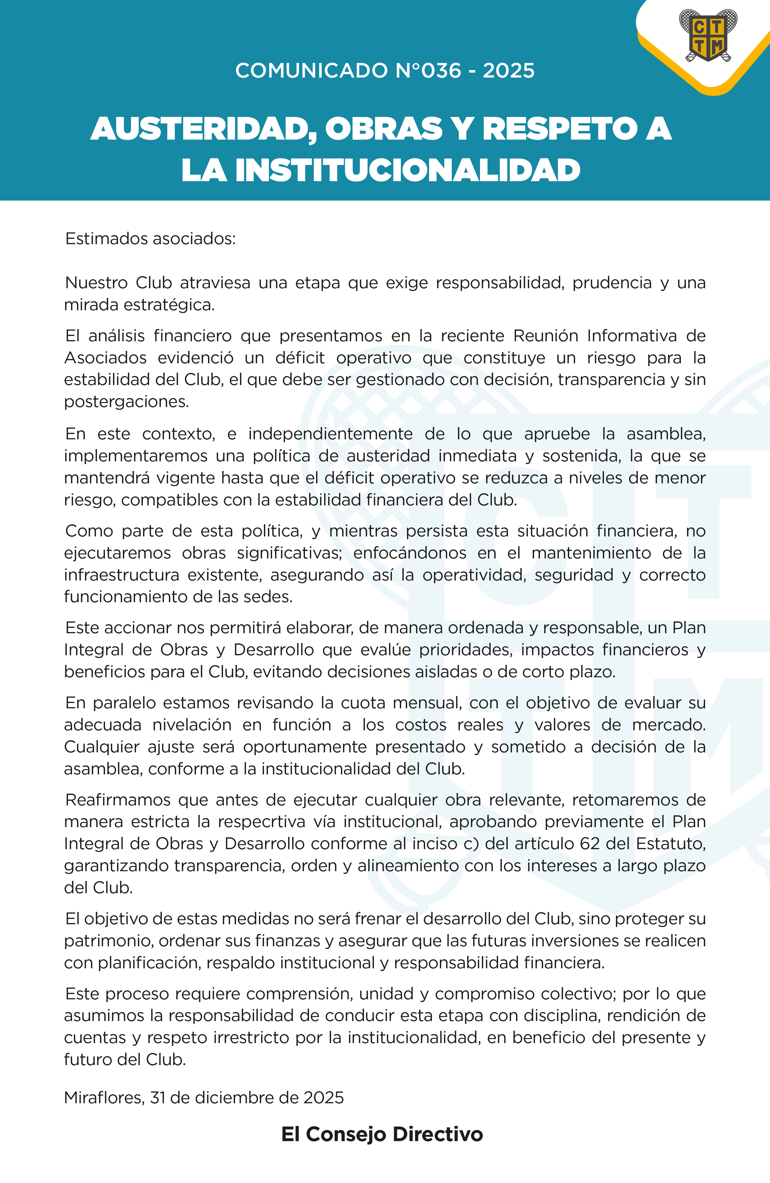 📣COMUNICADO N°036 - 2025 - AUSTERIDAD, OBRAS Y RESPETO A LA INSTITUCIONALIDAD