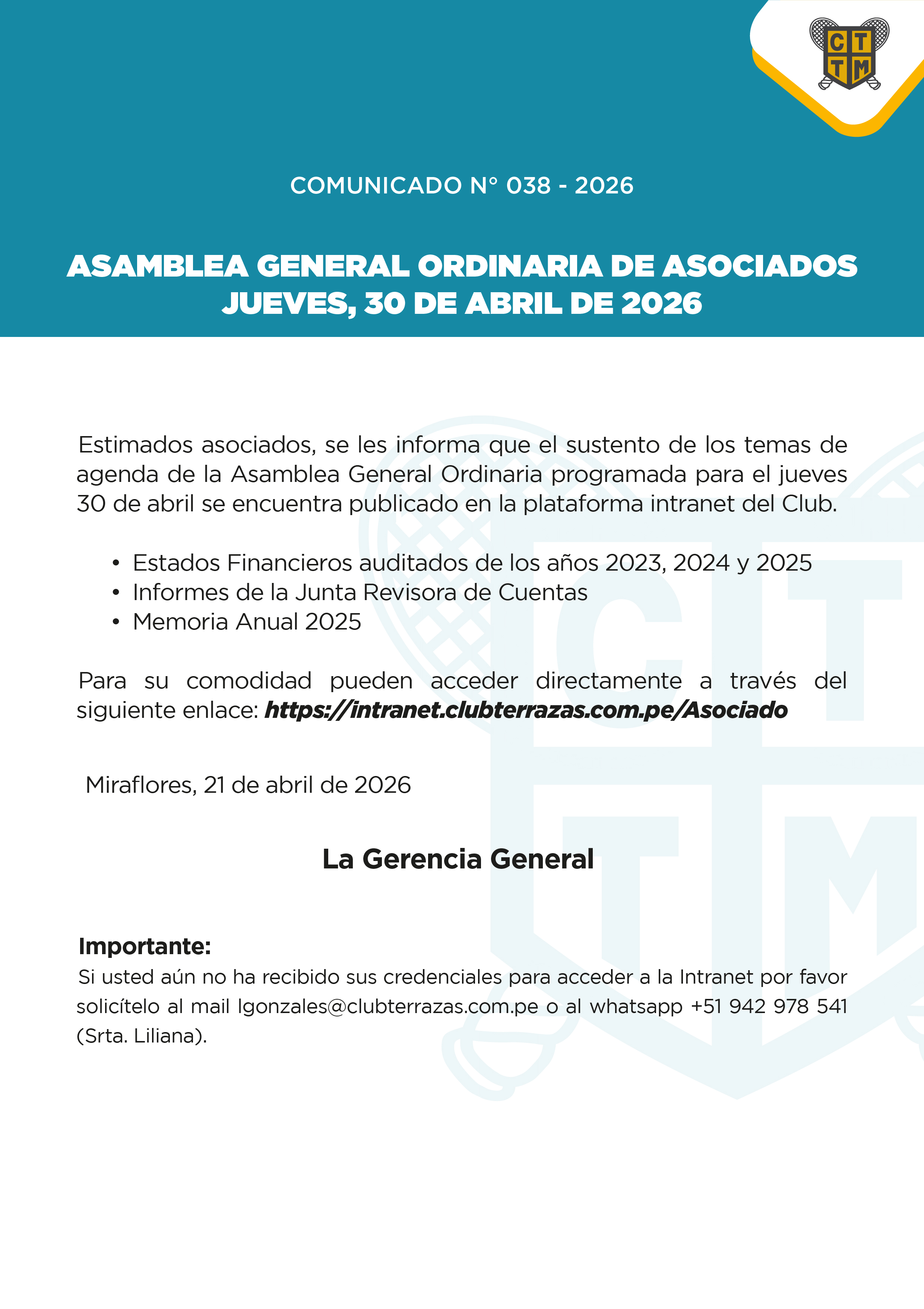 📣COMUNICADO N°038 - 2026 - ASAMBLEA GENERAL ORDINARIA DE ASOCIADOS  JUEVES, 30 DE ABRIL DE 2026