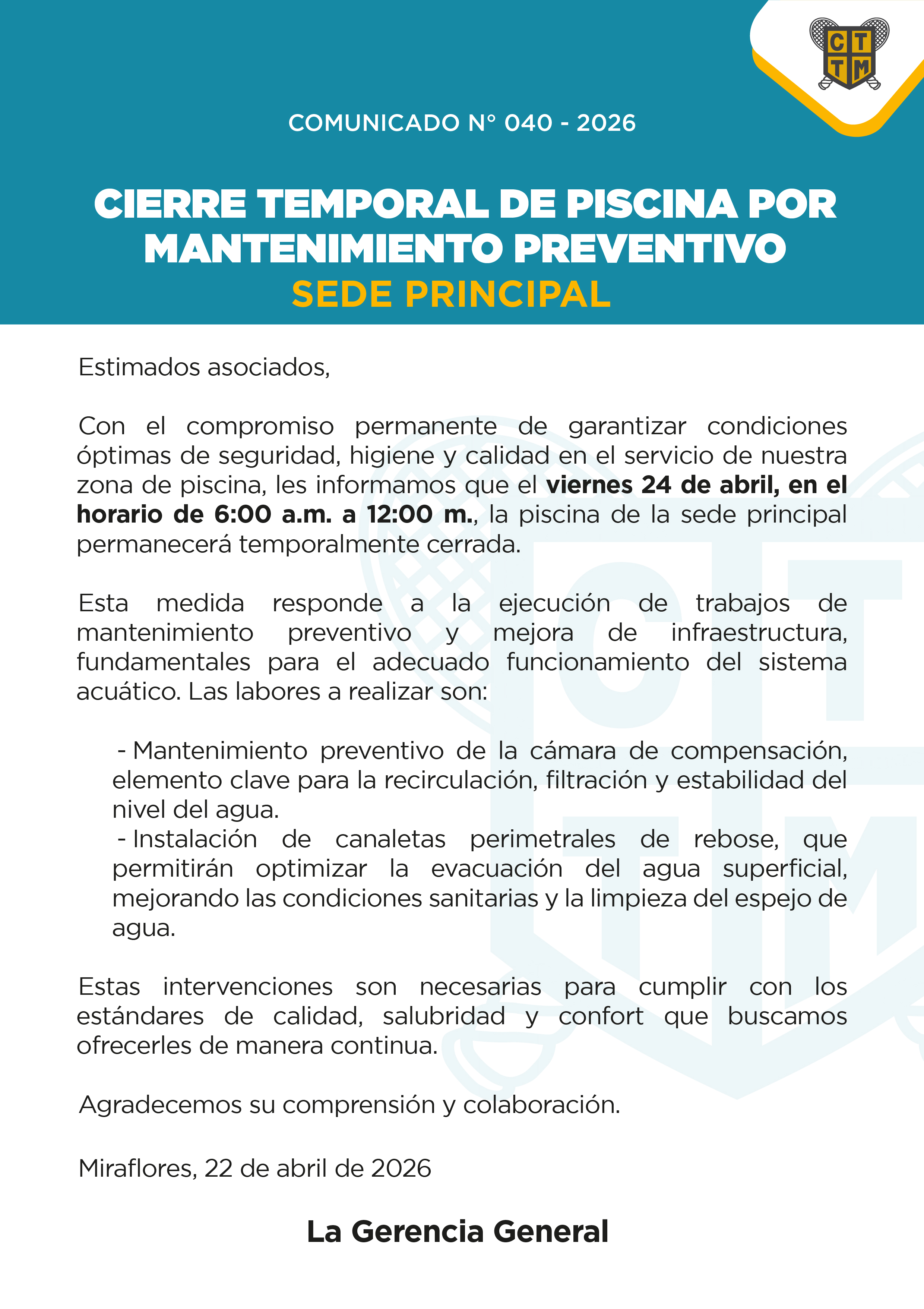 📣COMUNICADO N°040 - 2026 CIERRE TEMPORAL DE PISCINA POR MANTENIMIENTO PREVENTIVO - SEDE PRINCIPAL