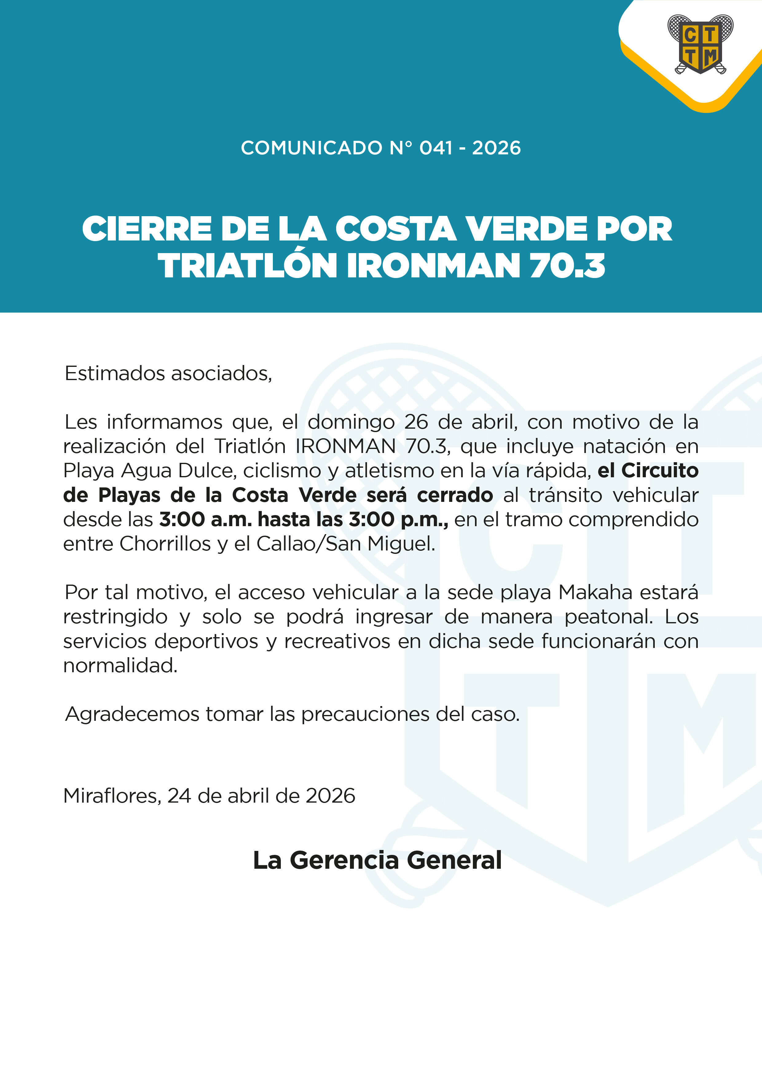 📣COMUNICADO N°041 - 2026- CIERRE DE LA COSTA VERDE POR TRIATLÓN IRONMAN 70.3