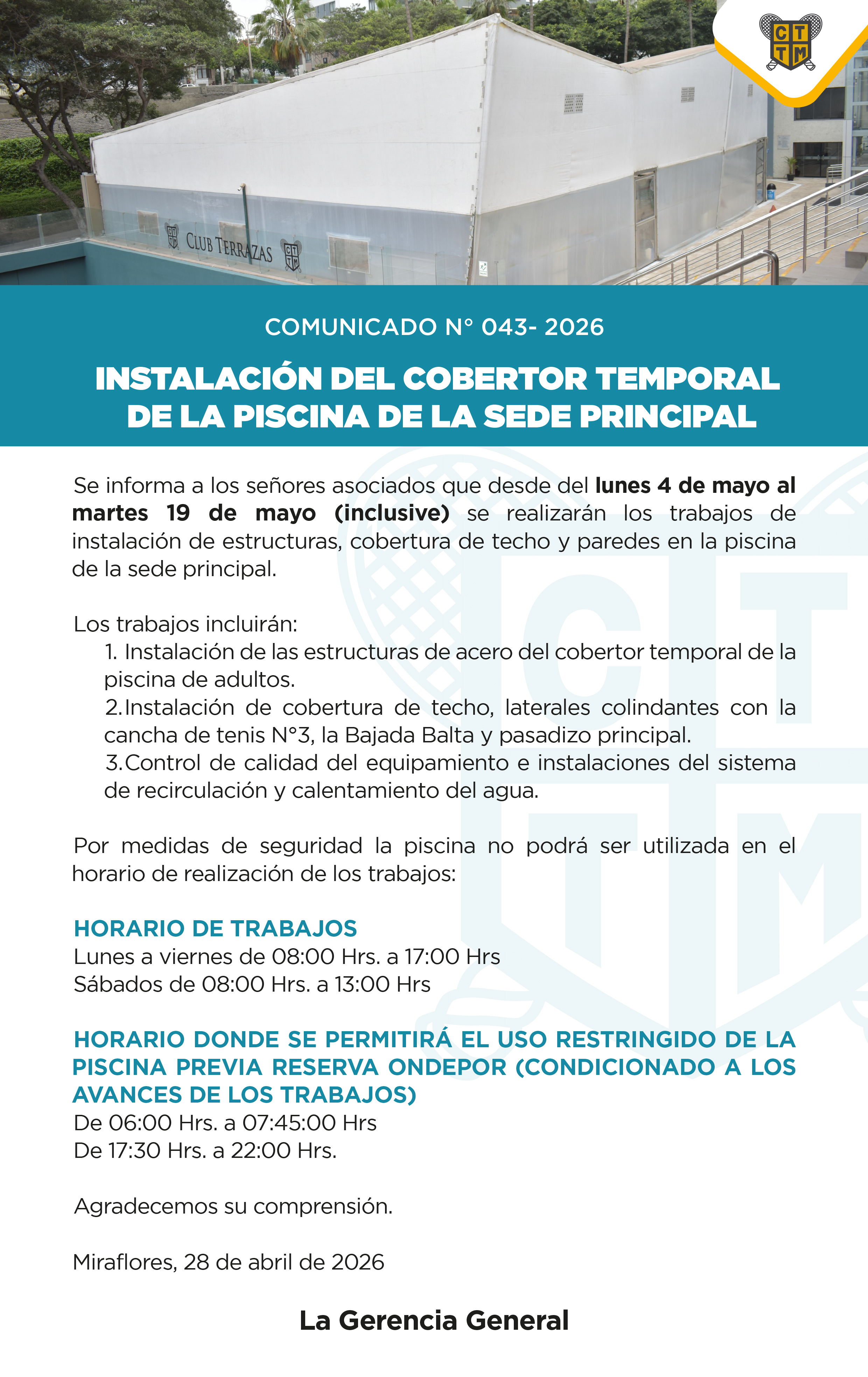 📣COMUNICADO N°043 - 2026:INSTALACIÓN DEL COBERTOR TEMPORAL  DE LA PISCINA DE LA SEDE PRINCIPAL