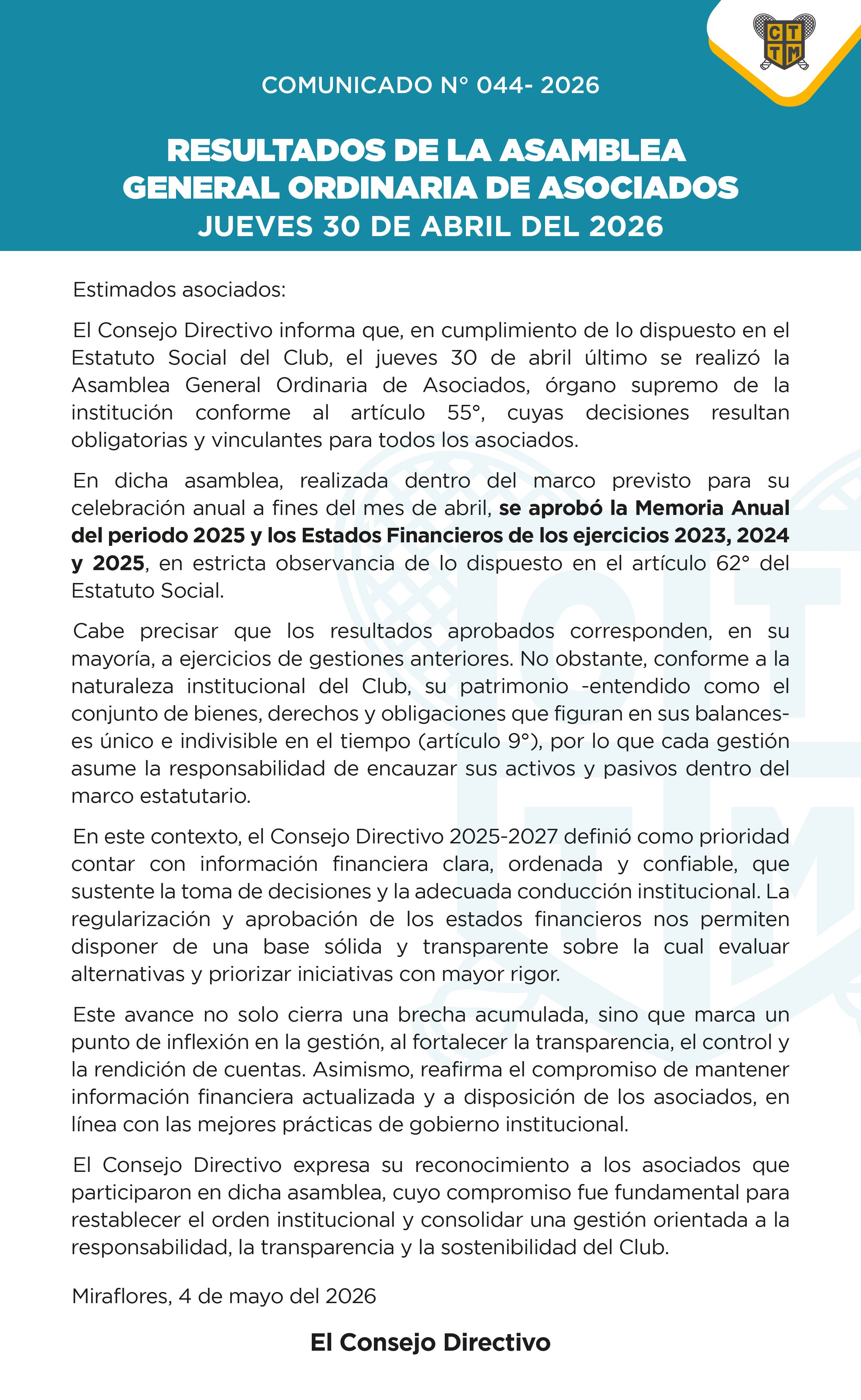 📣COMUNICADO N°044 - RESULTADOS DE LA ASAMBLEA GENERAL ORDINARIA DE ASOCIADOS