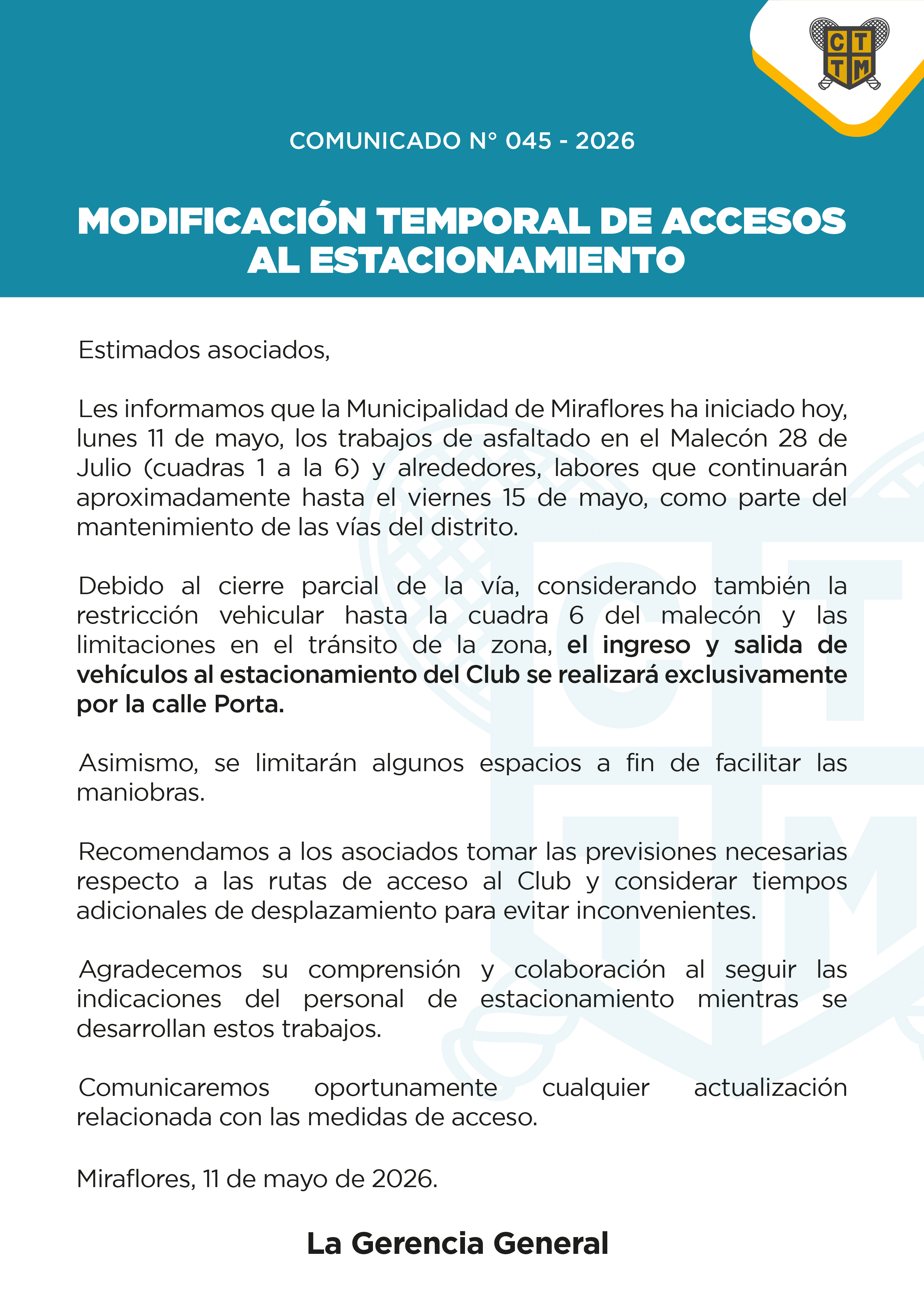 📣COMUNICADO N°045 - MODIFICACIÓN TEMPORAL DE ACCESOS AL ESTACIONAMIENTO