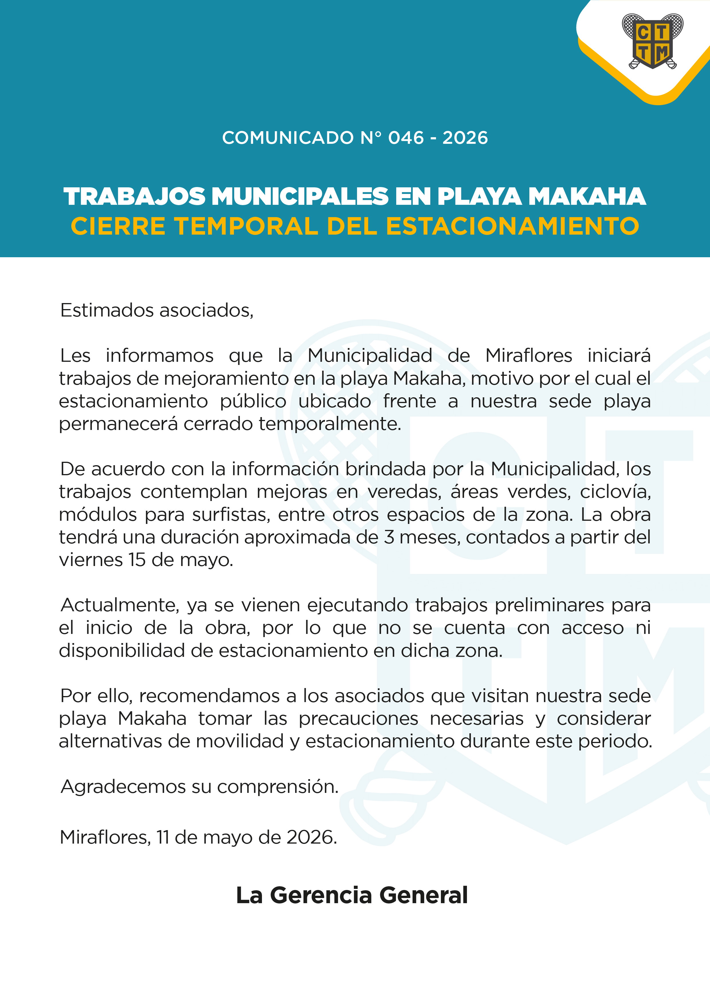 📣COMUNICADO N°046 -TRABAJOS MUNICIPALES EN PLAYA MAKAHA - CIERRE DEL ESTACIONAMIENTO