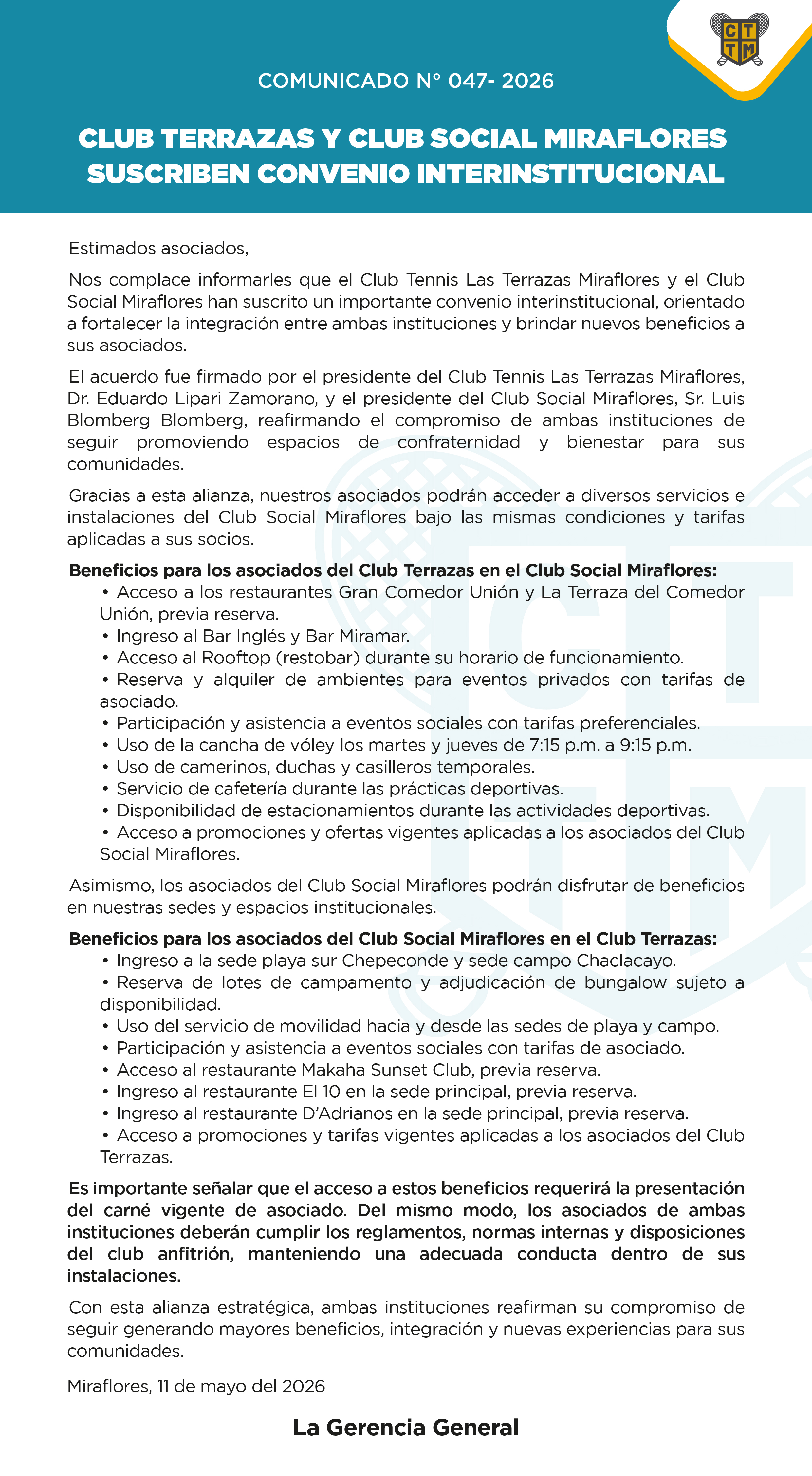 📣COMUNICADO N°047 - CLUB TERRAZAS Y CLUB SOCIAL MIRAFLORES SUSCRIBEN CONVENIO INTERINSTITUCIONAL