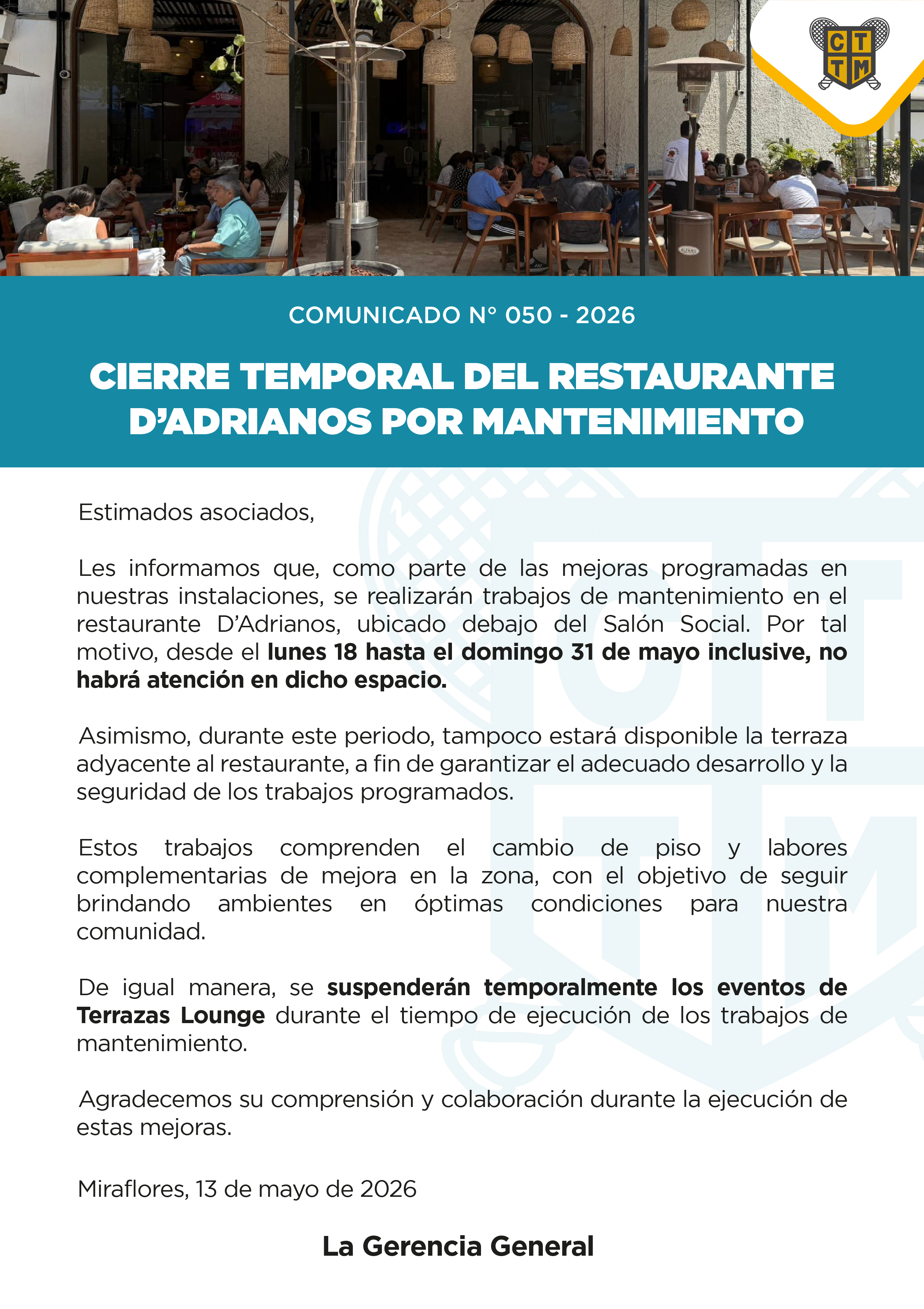 📣COMUNICADO N°050 - CIERRE TEMPORAL DEL RESTAURANTE D’ADRIANOS POR MANTENIMIENTO