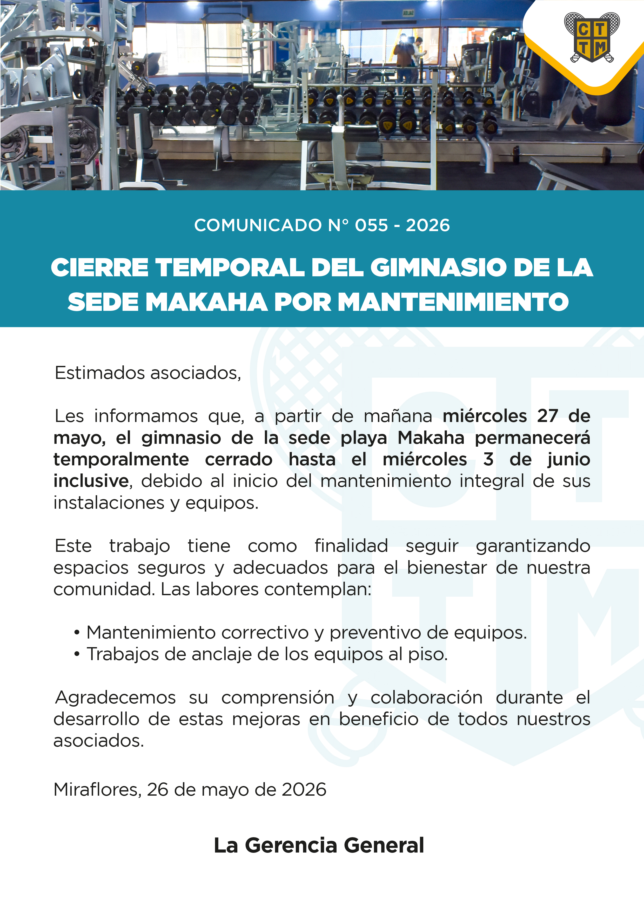 📣COMUNICADO N°055-CIERRE TEMPORAL DEL GIMNASIO DE LA SEDE MAKAHA POR MANTENIMIENTO