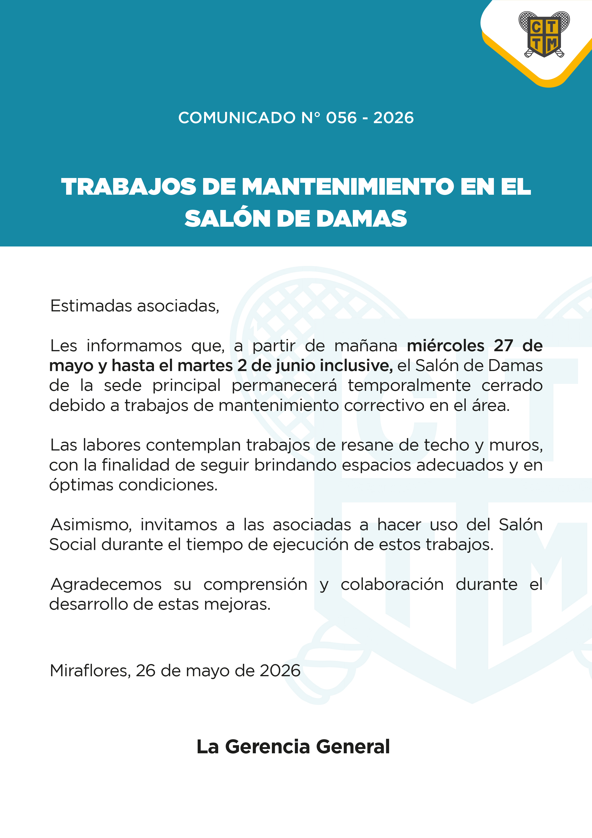 📣COMUNICADO N°056 - TRABAJOS DE MANTENIMIENTO EN EL SALÓN DE DAMAS
