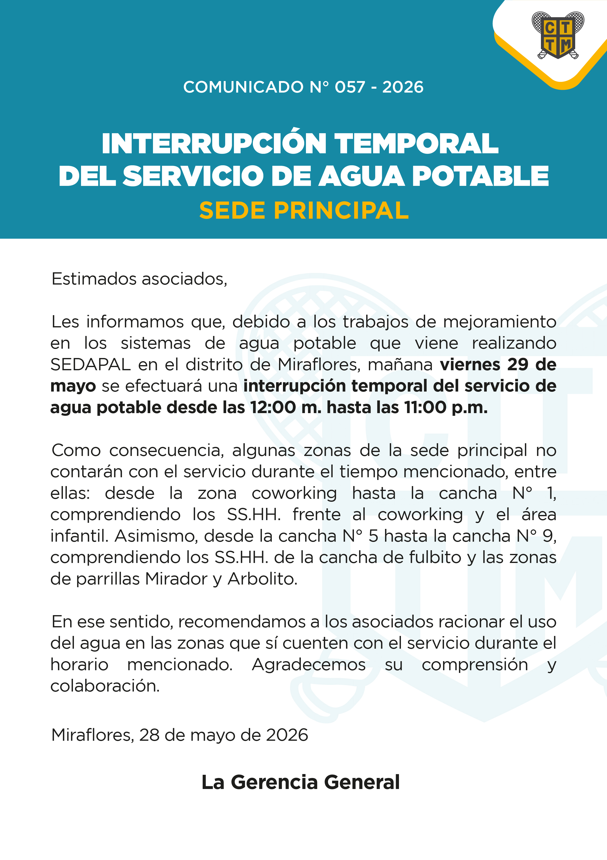 📣COMUNICADO N°057 - INTERRUPCIÓN TEMPORAL DEL SERVICIO DE AGUA POTABLE -SEDE PRINCIPAL 