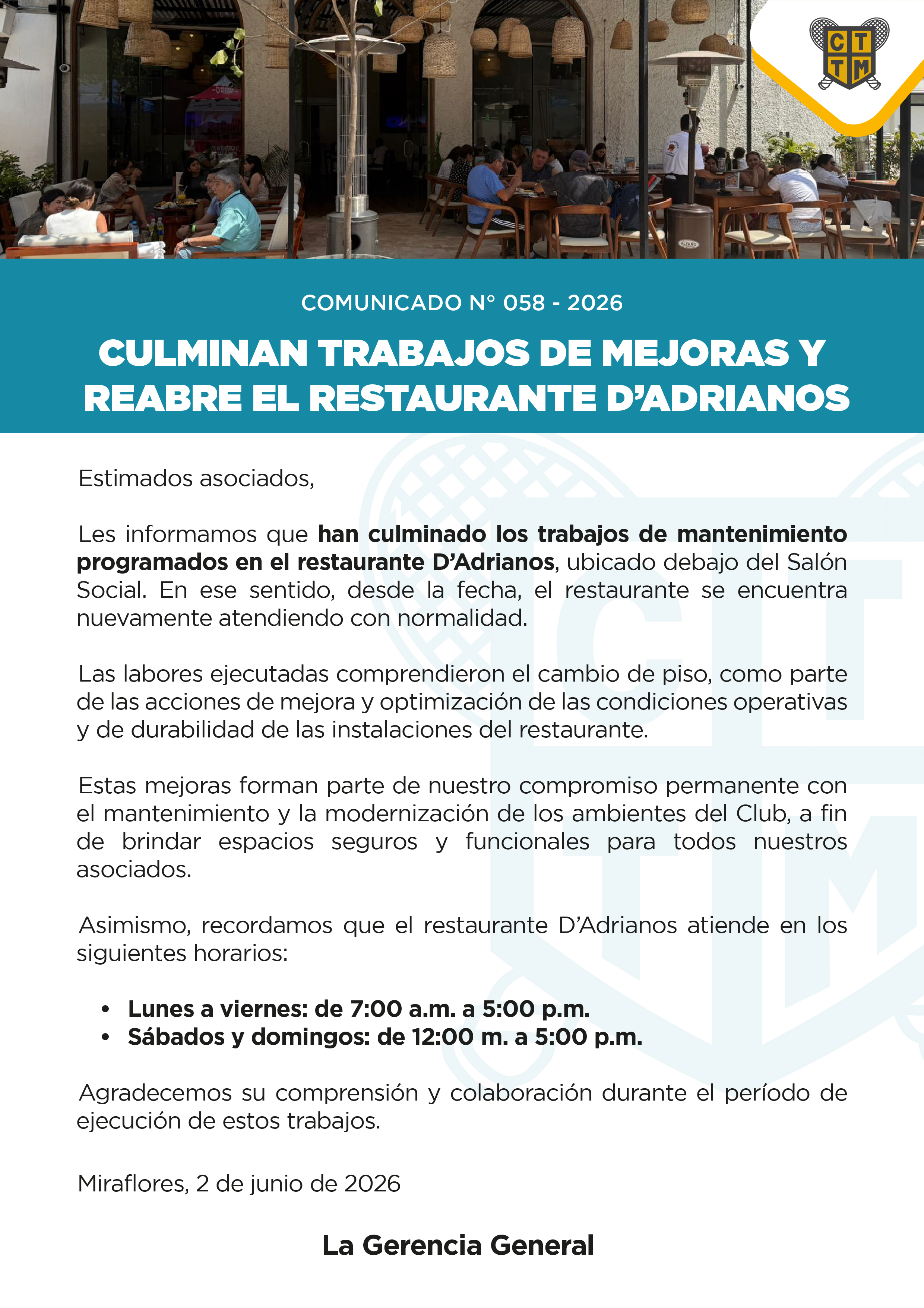 📣COMUNICADO N°058 - CULMINAN TRABAJOS DE MEJORAS Y REABRE EL RESTAURANTE D’ADRIANOS
