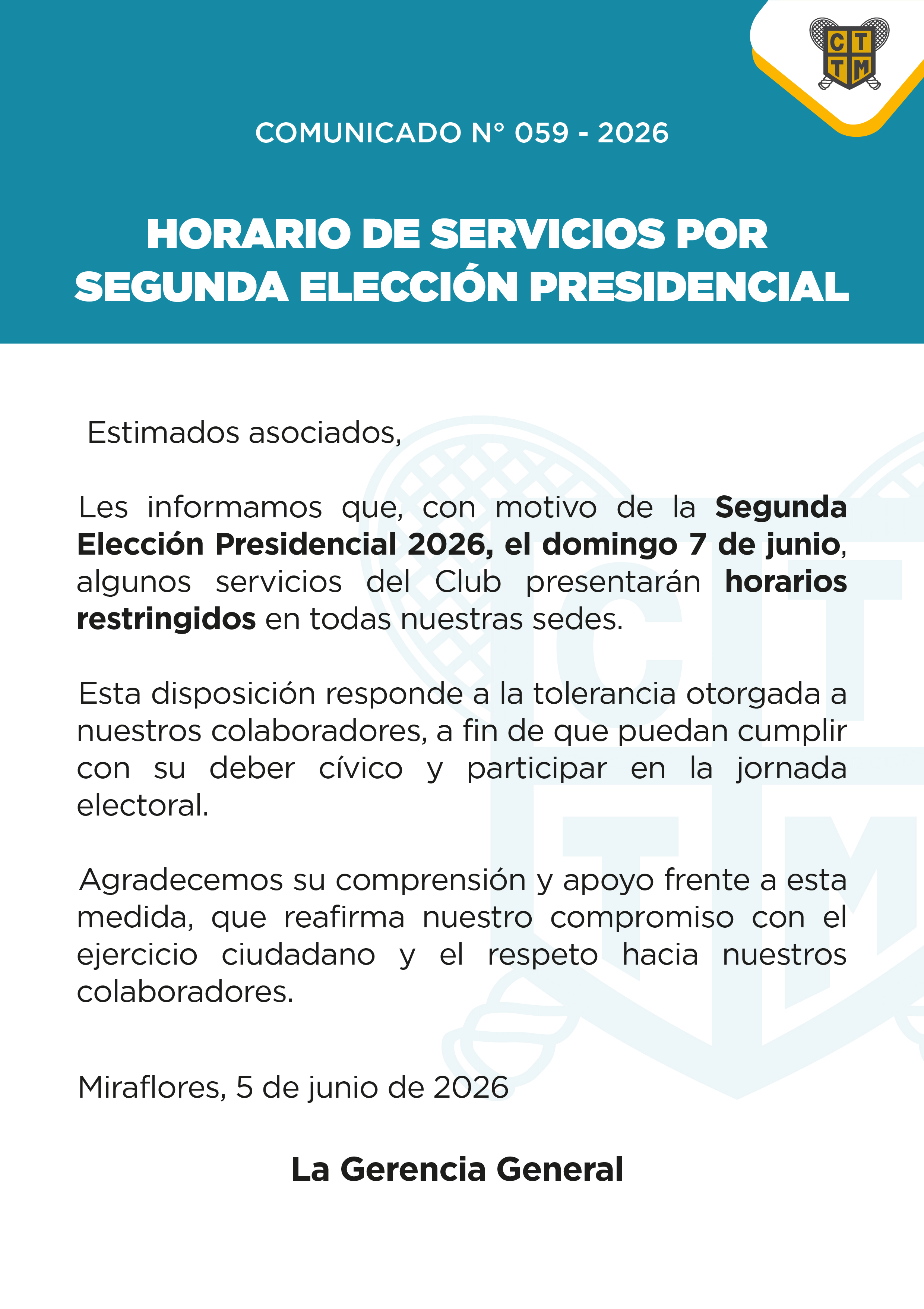 📣COMUNICADO N°059 -HORARIO DE SERVICIOS POR SEGUNDA ELECCIÓN PRESIDENCIAL