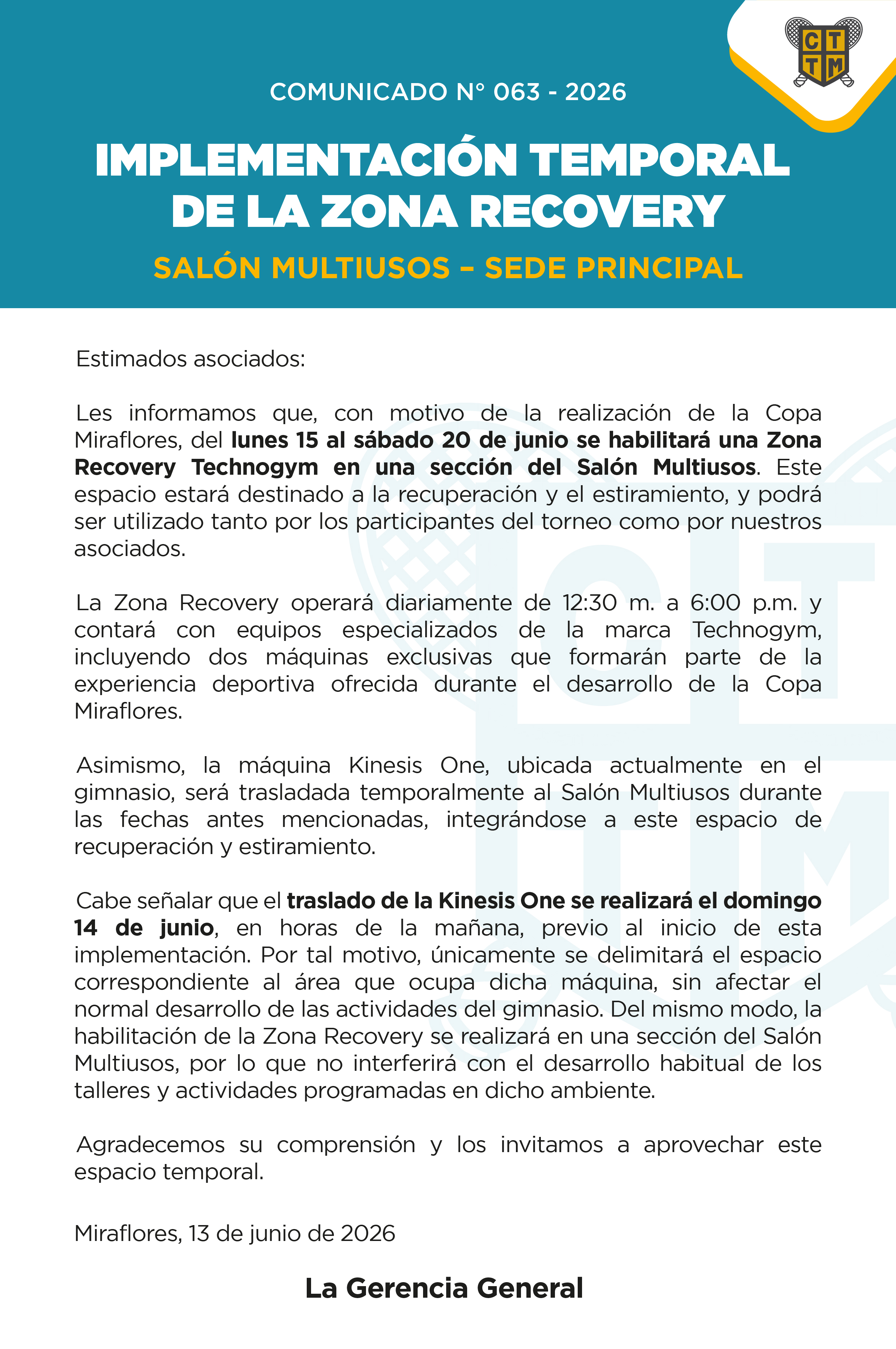 📣COMUNICADO N°063 - IMPLEMENTACIÓN TEMPORAL DE LA ZONA RECOVERY EN SALÓN MULTIUSOS – SEDE PRINCIPAL