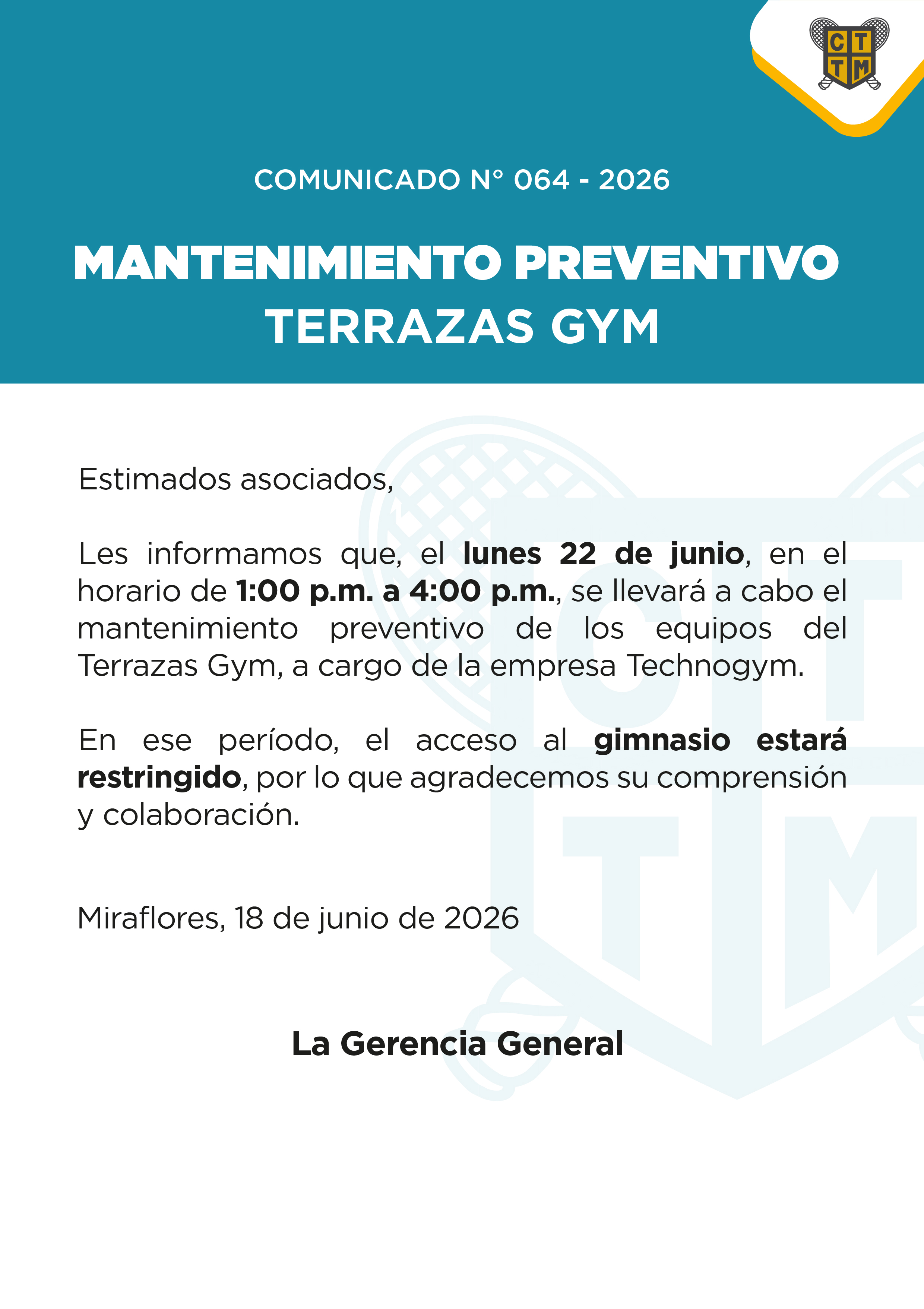📣COMUNICADO N°064 - 2026: MANTENIMIENTO PREVENTIVO TERRAZAS GYM