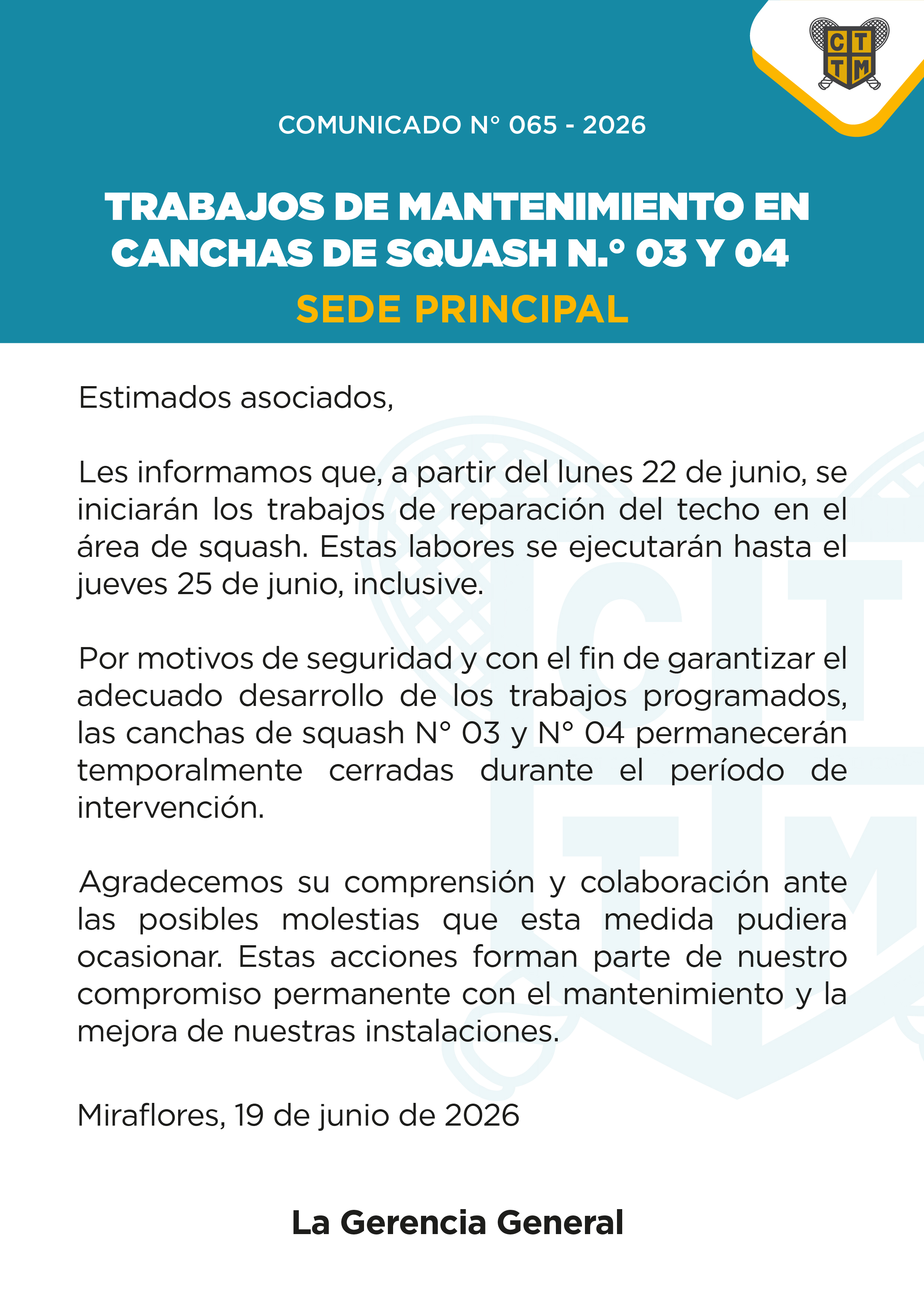 📣COMUNICADO N°065 - 2026:TRABAJOS DE MANTENIMIENTO EN CANCHAS DE SQUASH N° 03 Y 04 – SEDE PRINCIPAL