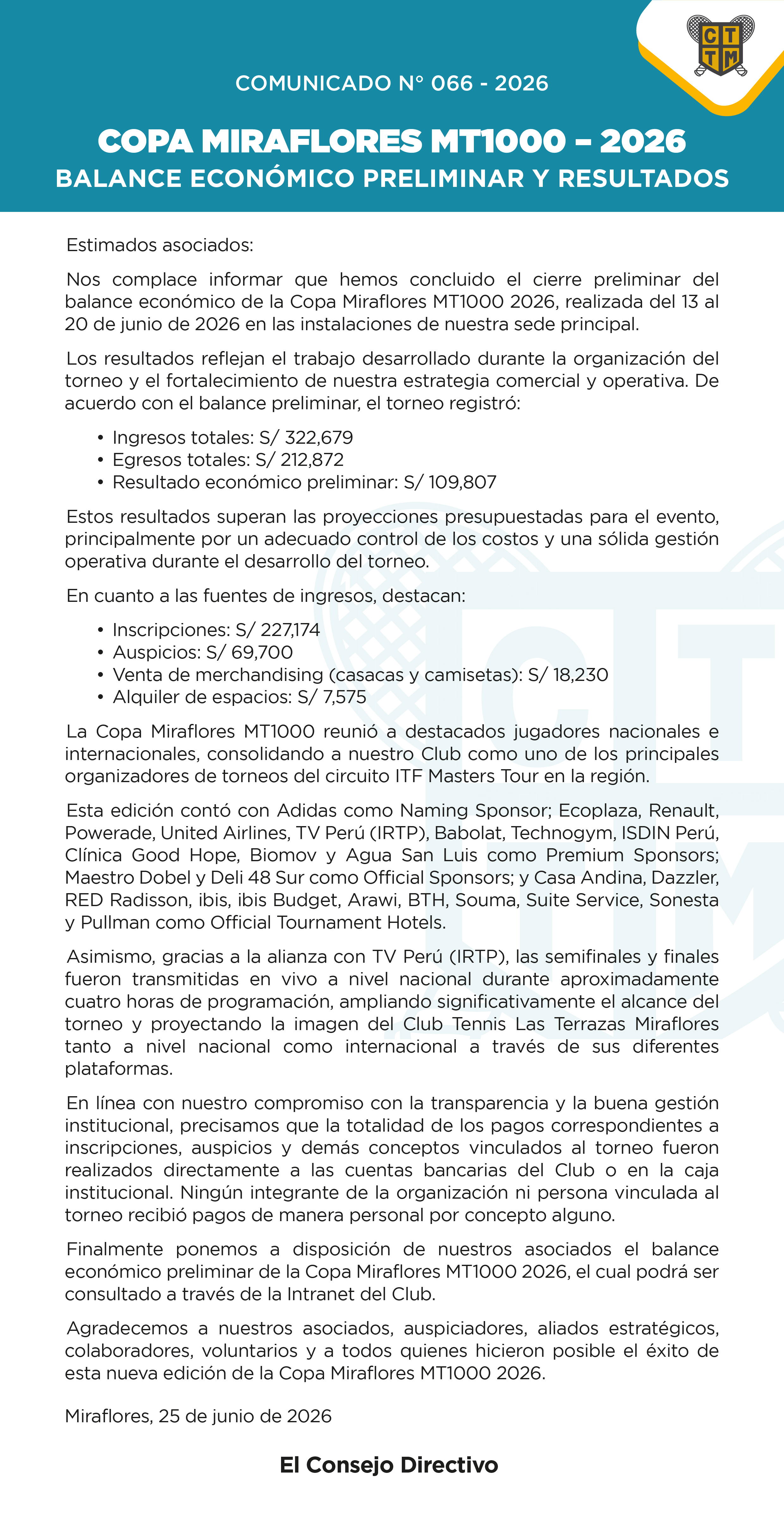 📣COMUNICADO N°066 - 2026: COPA MIRAFLORES MT1000 2026 - BALANCE ECONÓMICO PRELIMINAR Y RESULTADOS