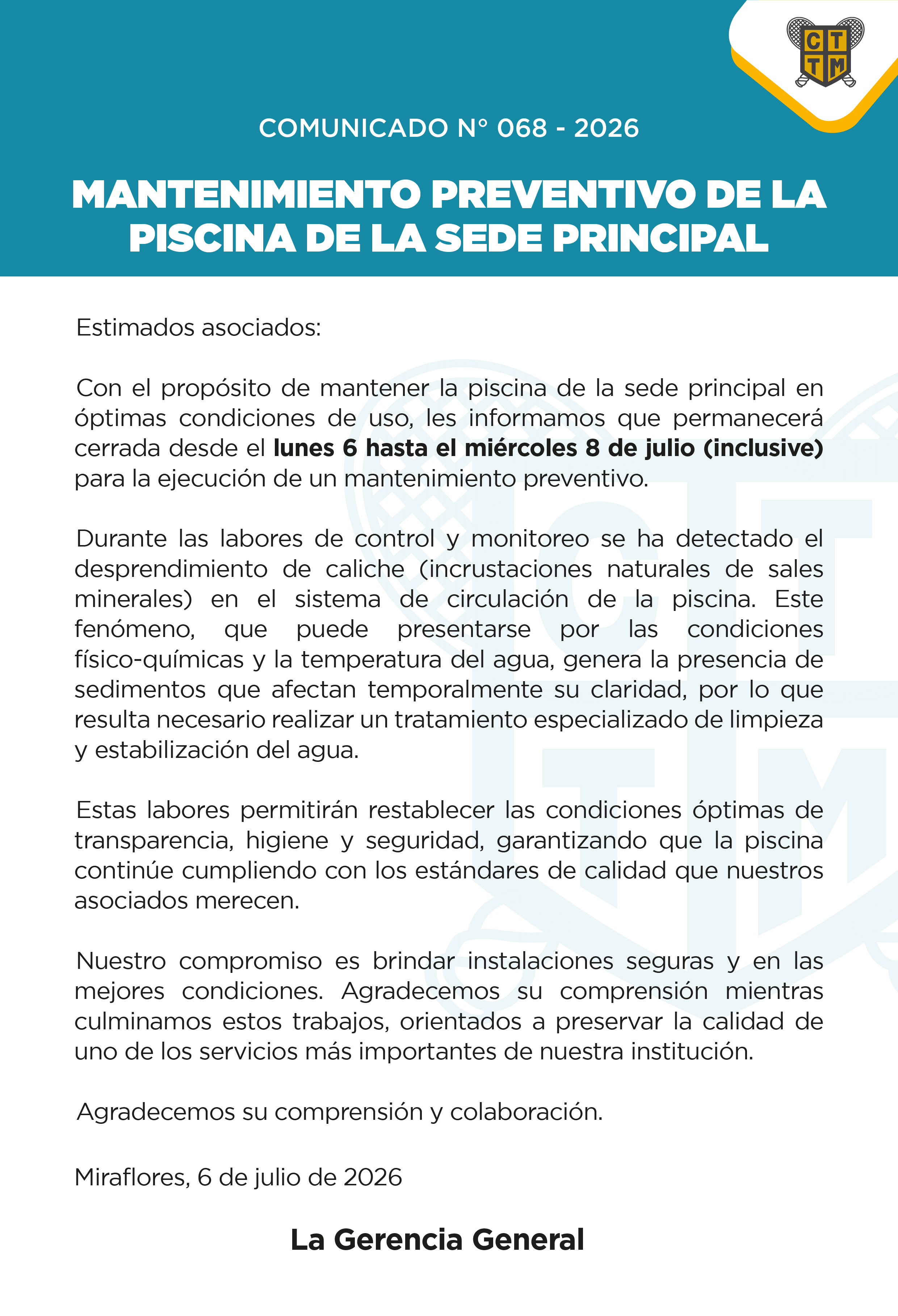 📣COMUNICADO N°068 - 2026: MANTENIMIENTO PREVENTIVO DE LA PISCINA DE LA SEDE PRINCIPAL