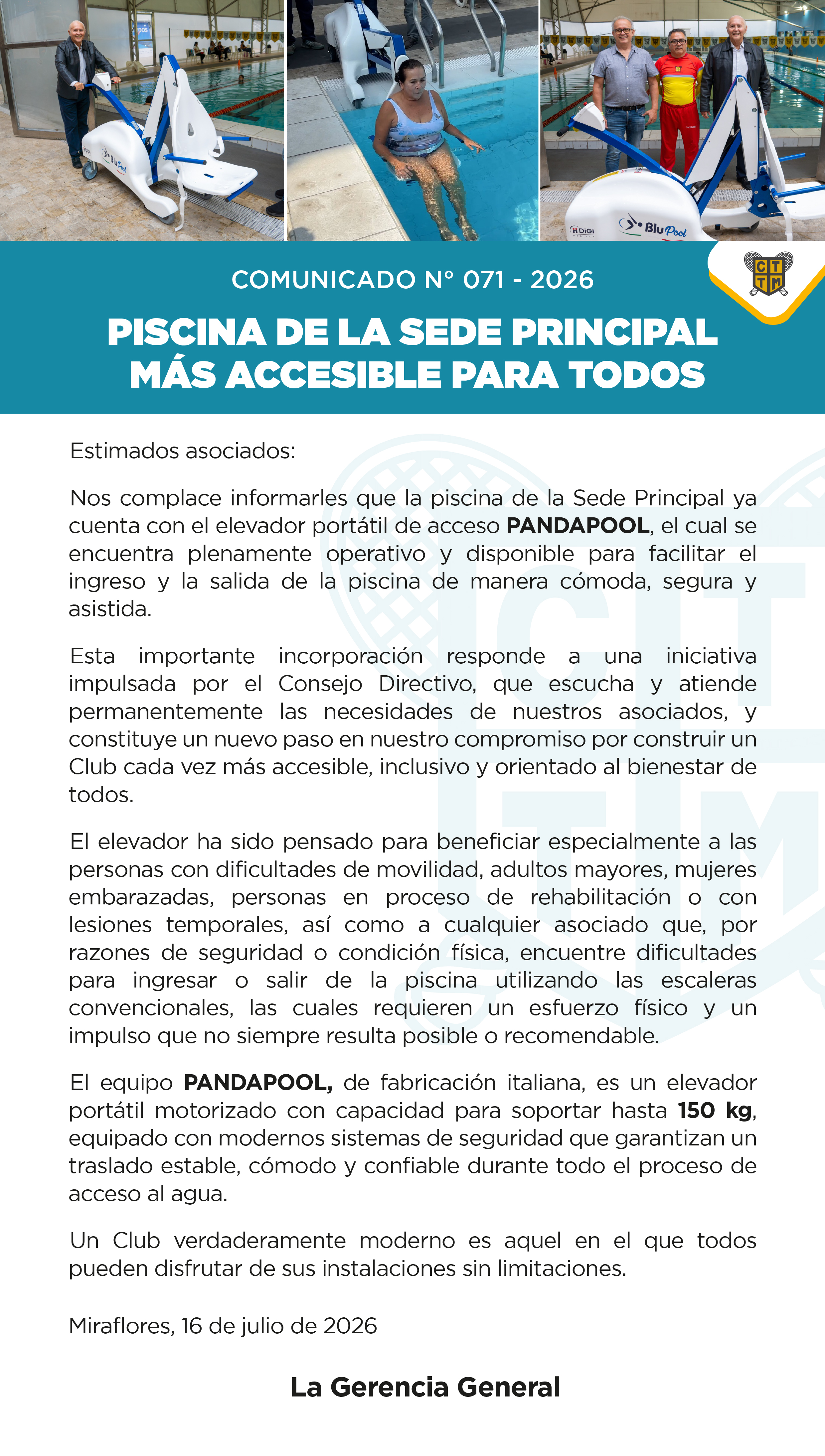 📣COMUNICADO N°071 - 2026:PISCINA DE LA SEDE PRINCIPAL MÁS ACCESIBLE PARA TODOS