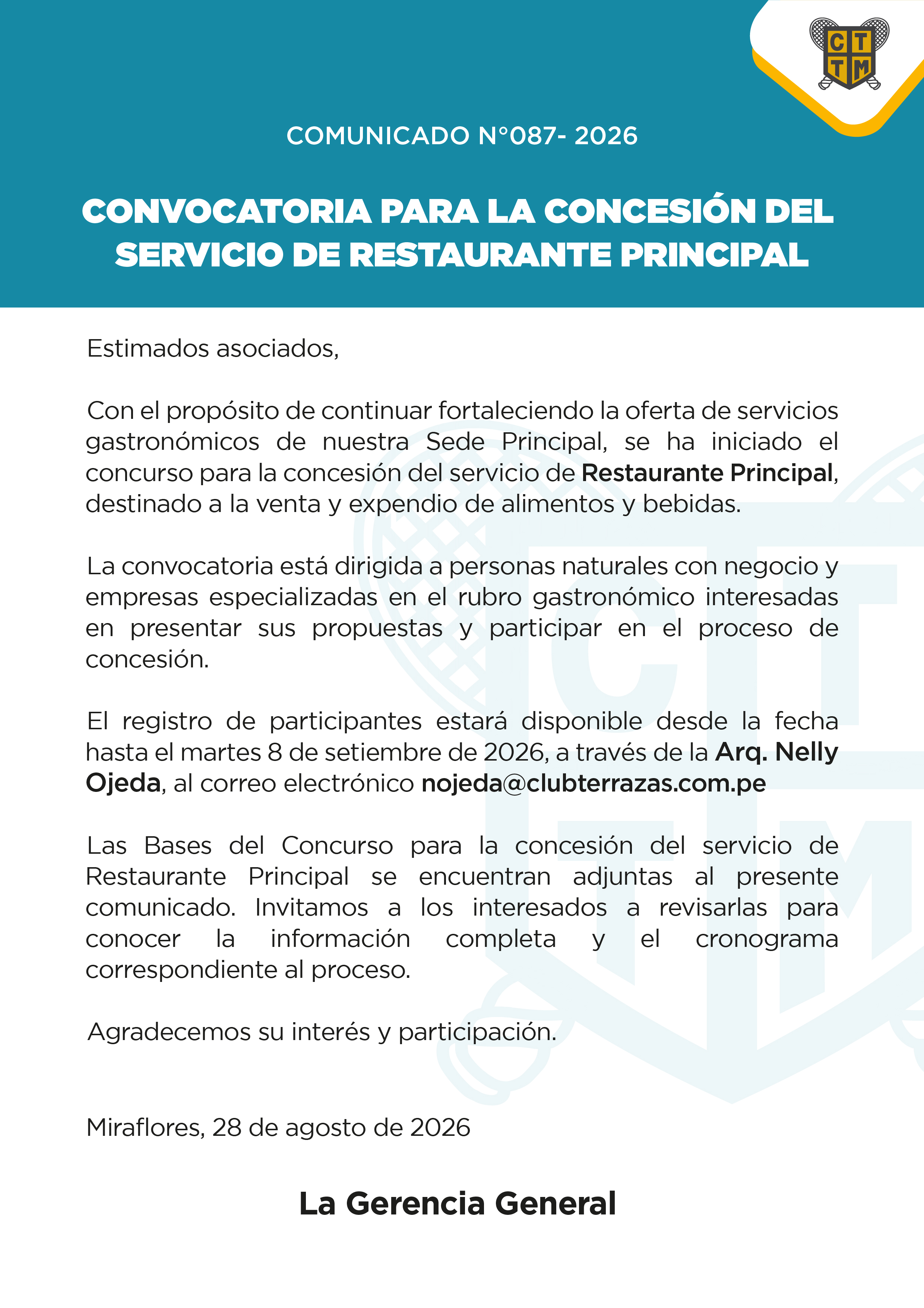 📣COMUNICADO N°087 - CONVOCATORIA PARA LA CONCESIÓN DEL SERVICIO DE RESTAURANTE PRINCIPAL