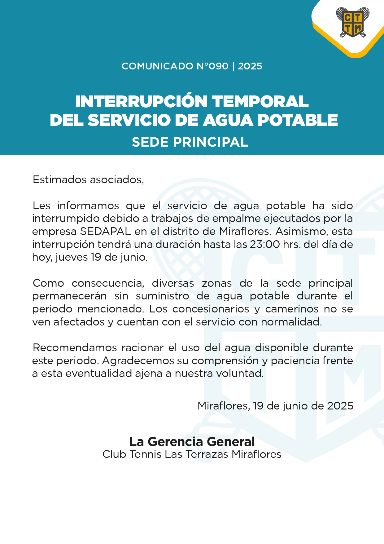 📣COMUNICADO N°090 - 2025-DT1 -INTERRUPCIÓN TEMPORAL DEL SERVICIO DE AGUA POTABLE - SEDE PRINCIPAL