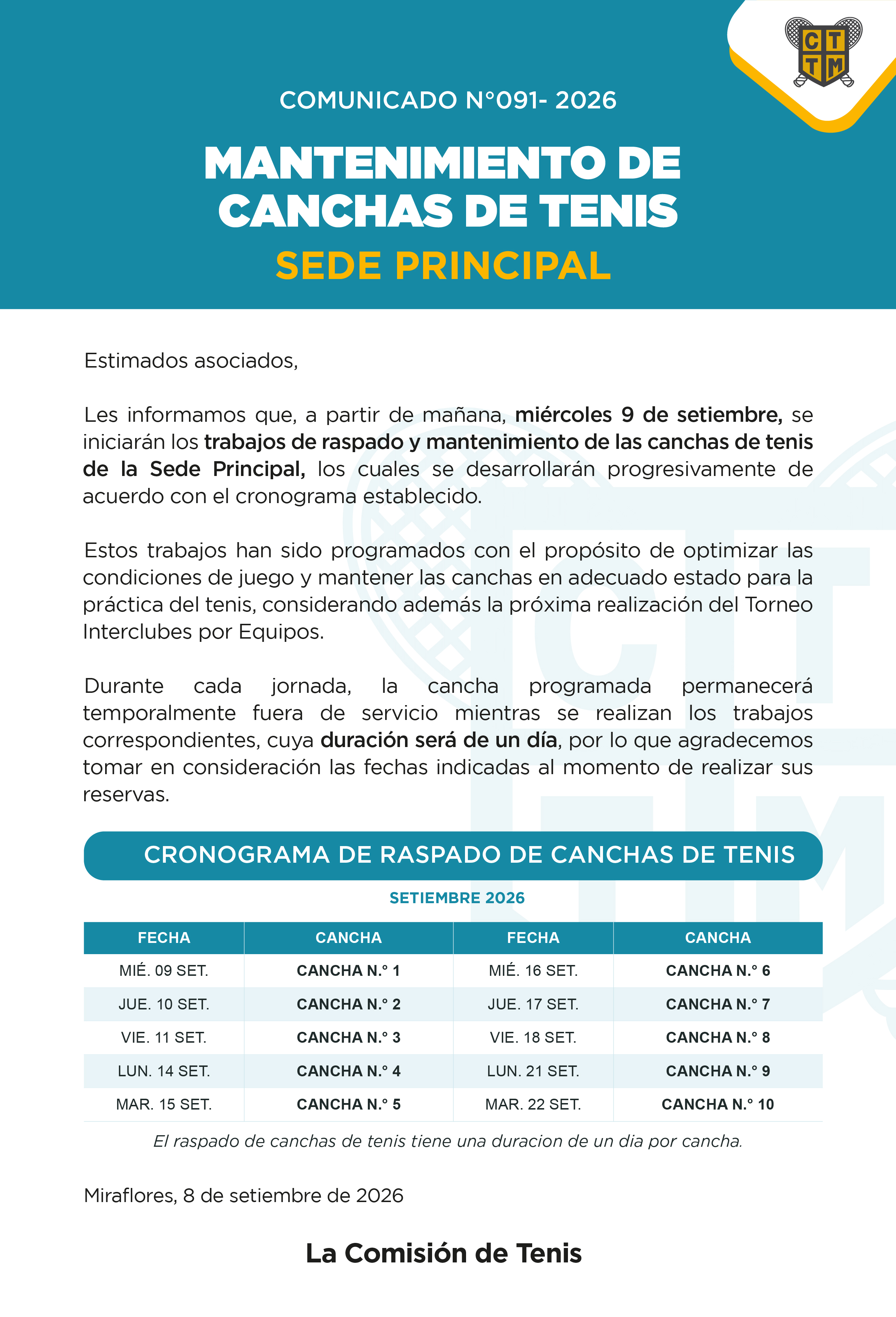📣COMUNICADO N°091 - 2026 - MANTENIMIENTO DE CANCHAS DE TENIS