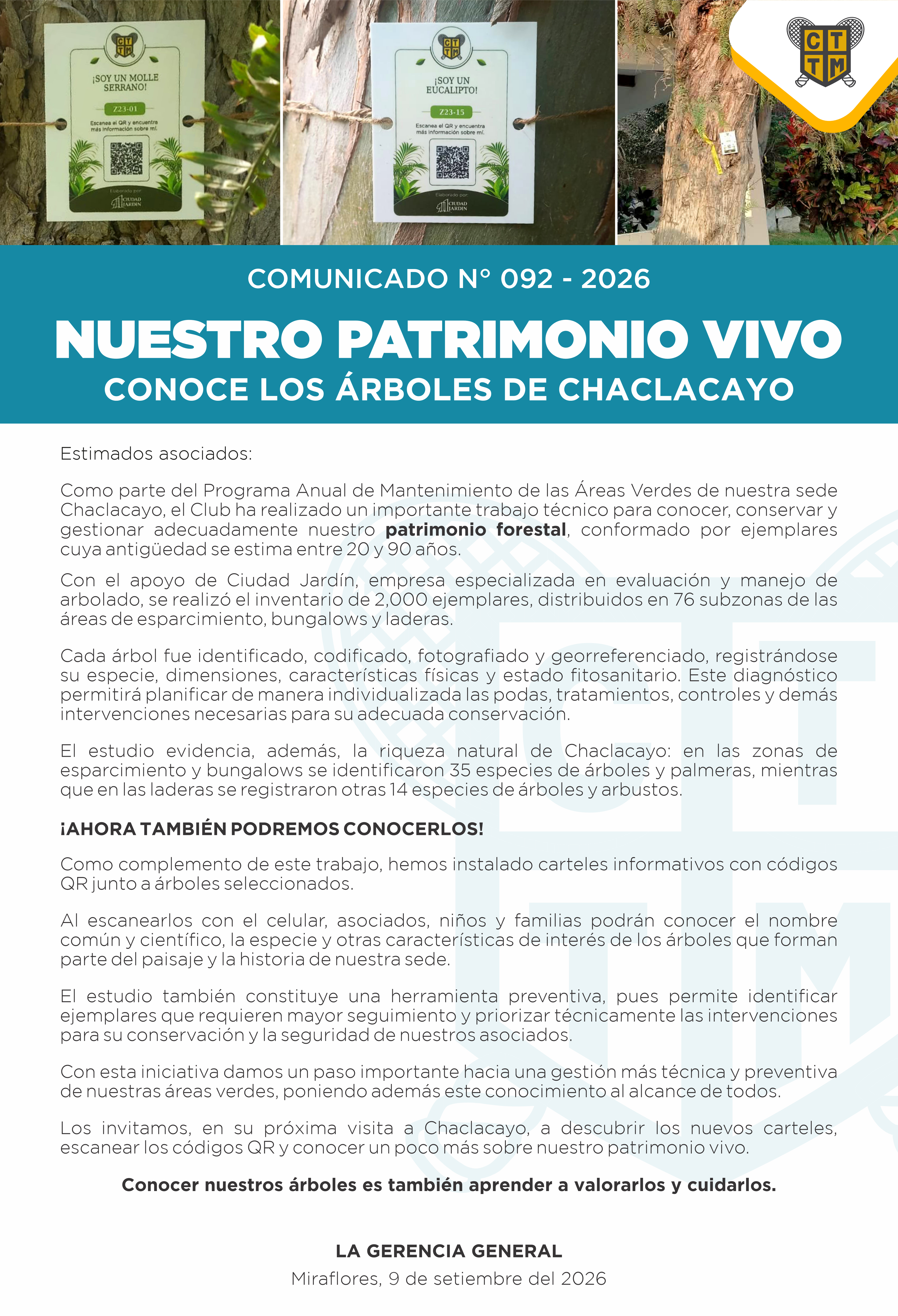 📣COMUNICADO N°092 - 2026 - NUESTRO PATRIMONIO VIVO - Conoce los árboles de Chaclacayo
