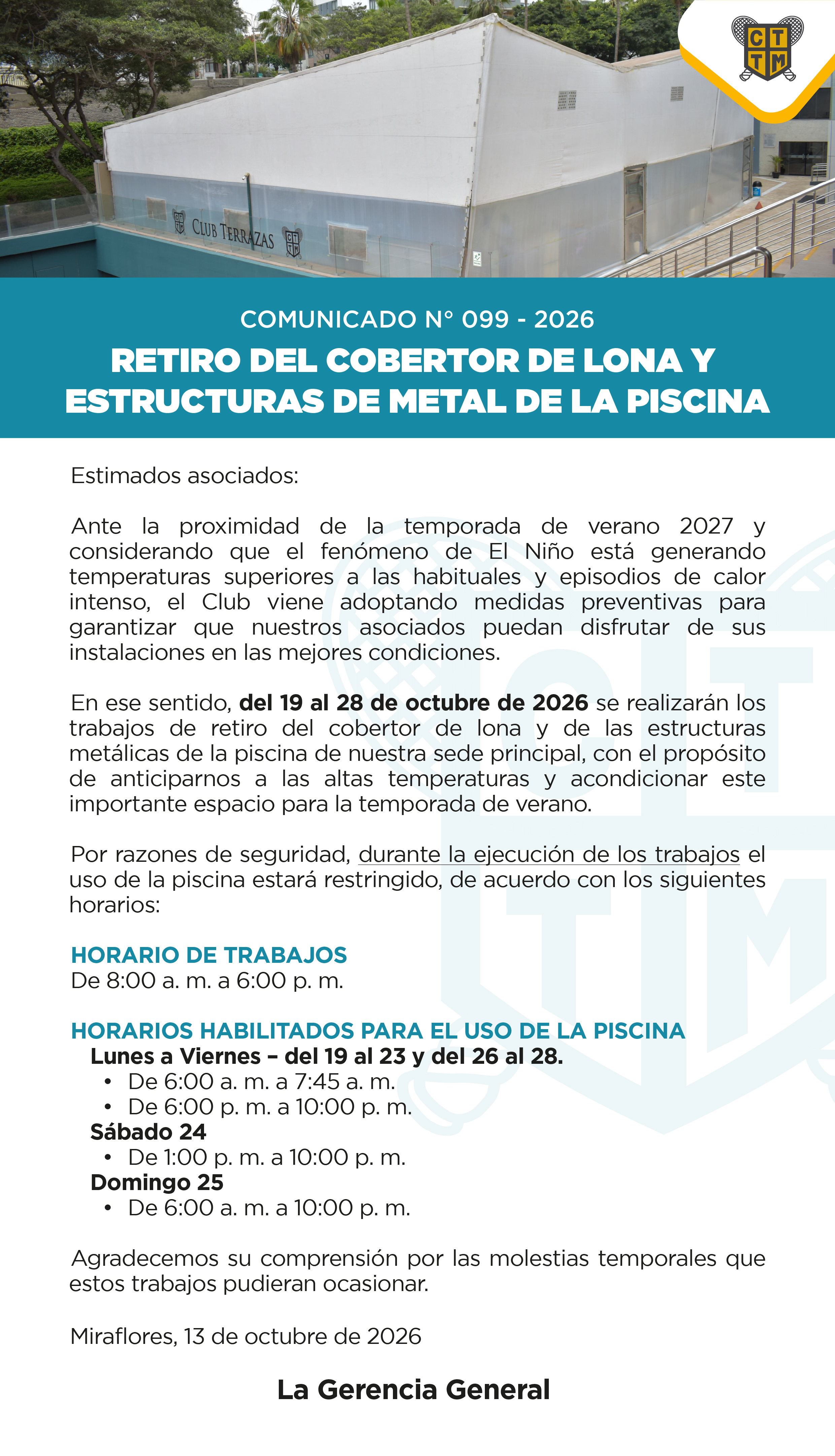📣COMUNICADO N°099 - 2026: RETIRO DEL COBERTOR DE LONA Y ESTRUCTURAS DE METAL DE LA PISCINA