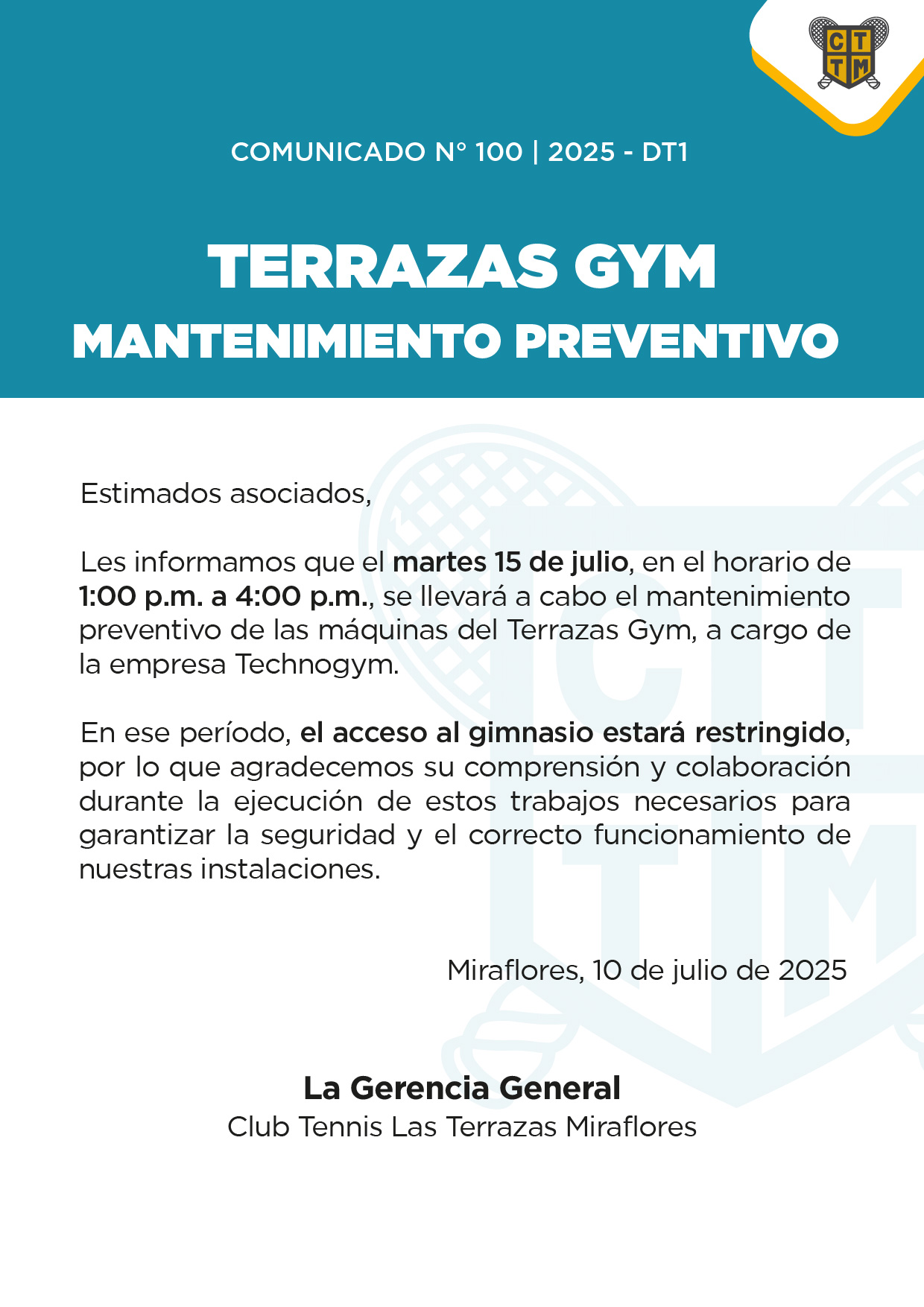 📣COMUNICADO N.º 100 | 2025 - DT1 - TERRAZAS GYM - MANTENIMIENTO PREVENTIVO 