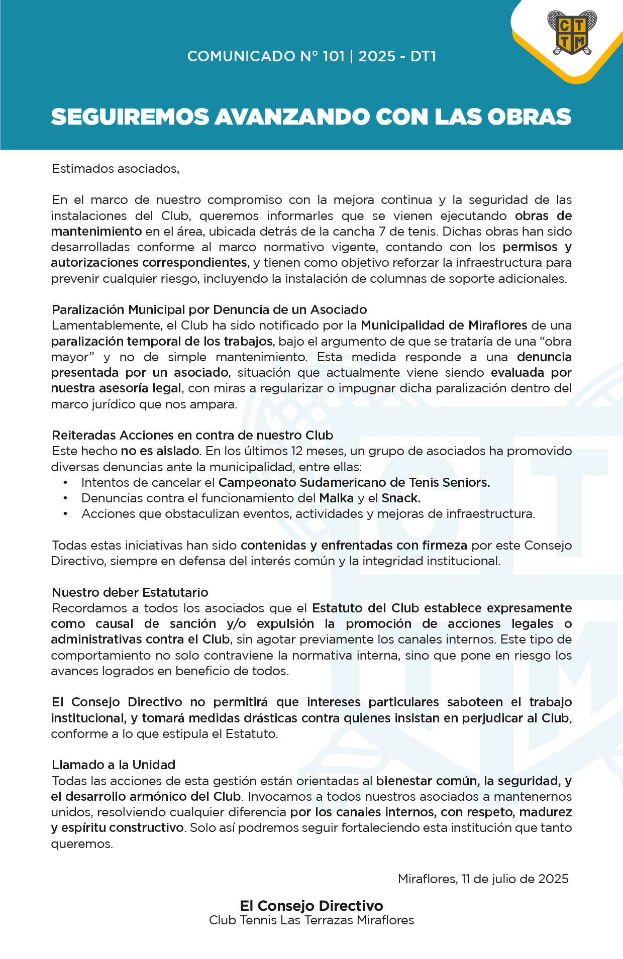 📣COMUNICADO N.º 101 | 2025 - DT1 -SEGUIREMOS AVANZANDO CON LAS OBRAS