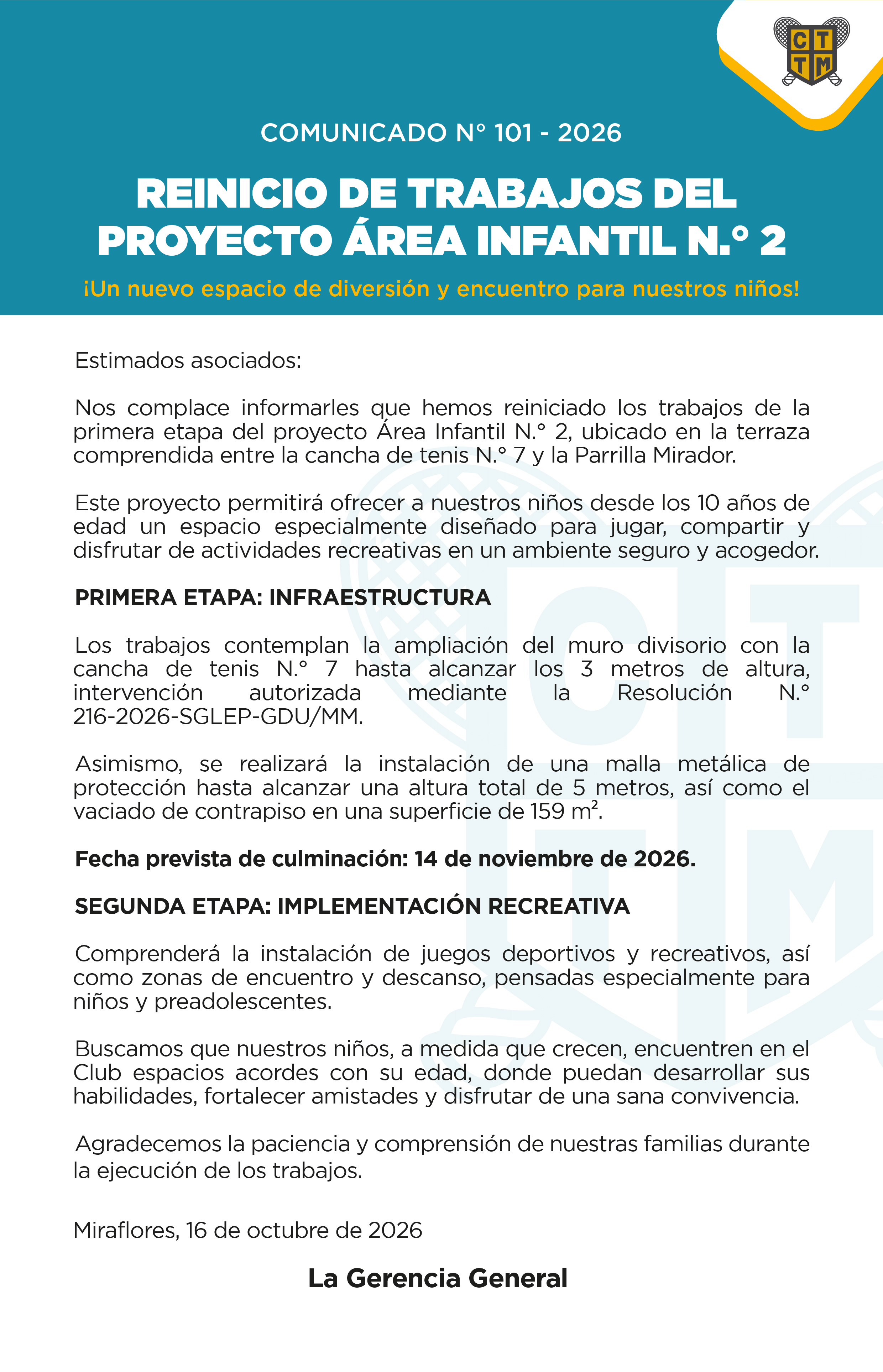 📣COMUNICADO N°101 - 2026: REINICIO DE TRABAJOS DEL PROYECTO ÁREA INFANTIL N.° 2