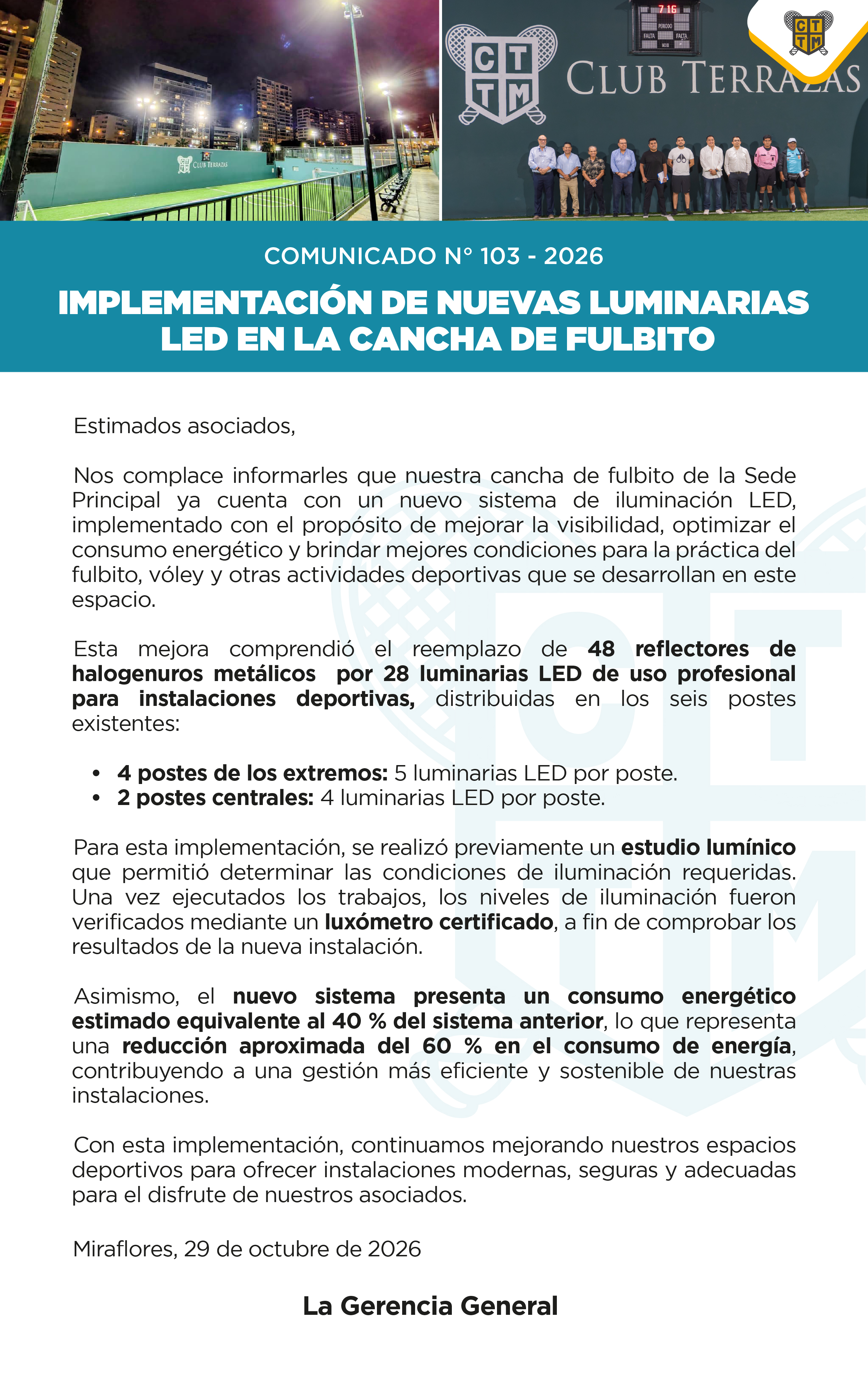 📣COMUNICADO N°103 - 2026:IMPLEMENTACIÓN DE NUEVAS LUMINARIAS LED EN LA CANCHA DE FULBITO