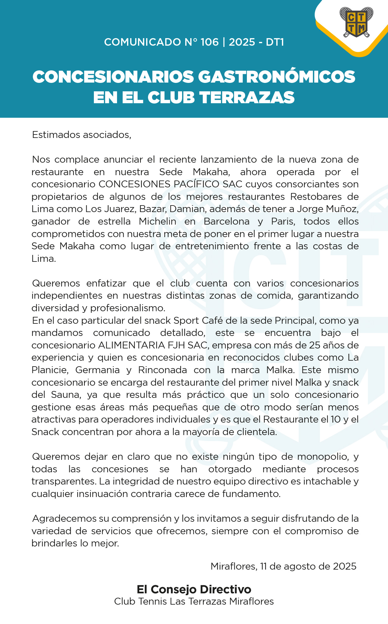 📣COMUNICADO N°106 - 2025-DT1 - CONCESIONARIOS GASTRONÓMICOS EN EL CLUB TERRAZAS