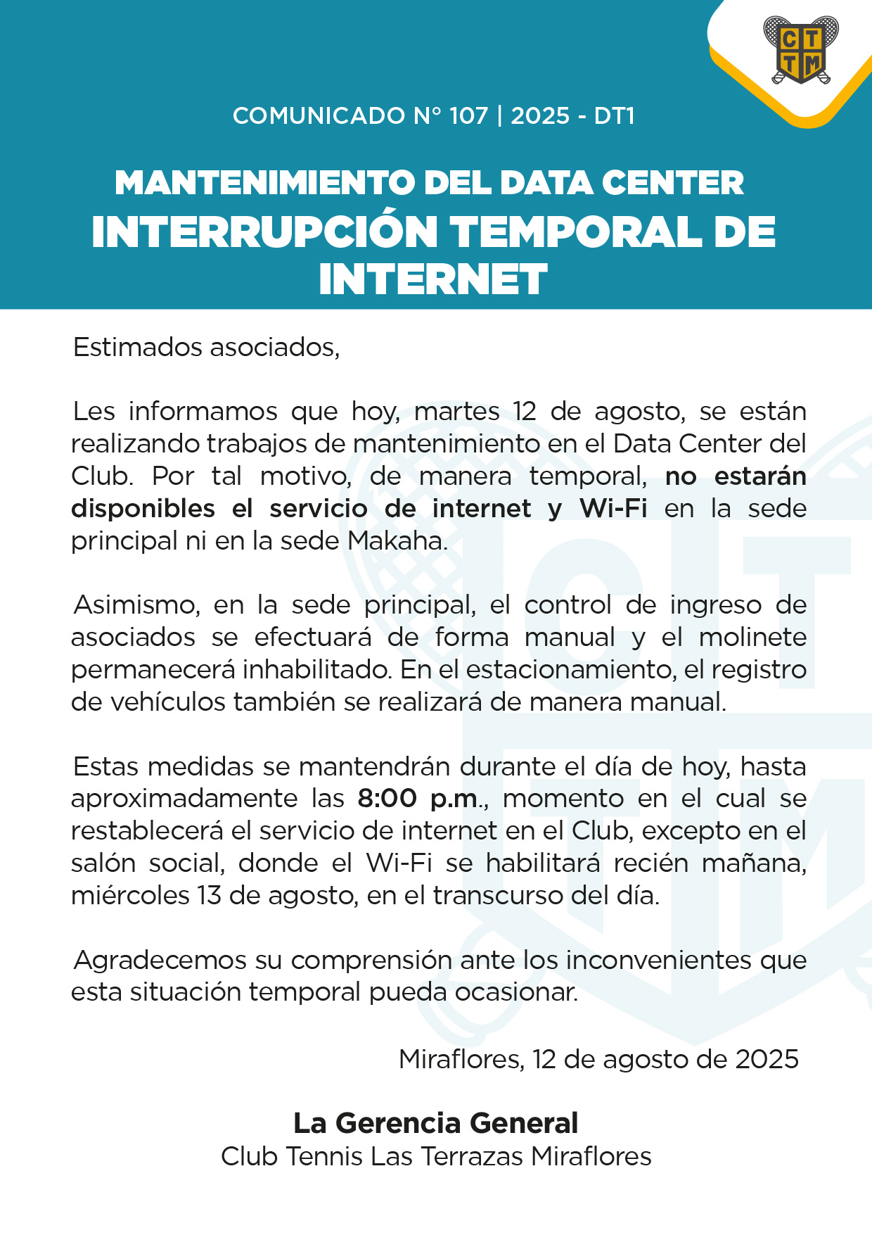 📣COMUNICADO N°107 - 2025-DT1 - MANTENIMIENTO DEL DATA CENTER - INTERRUPCIÓN TEMPORAL DE INTERNET