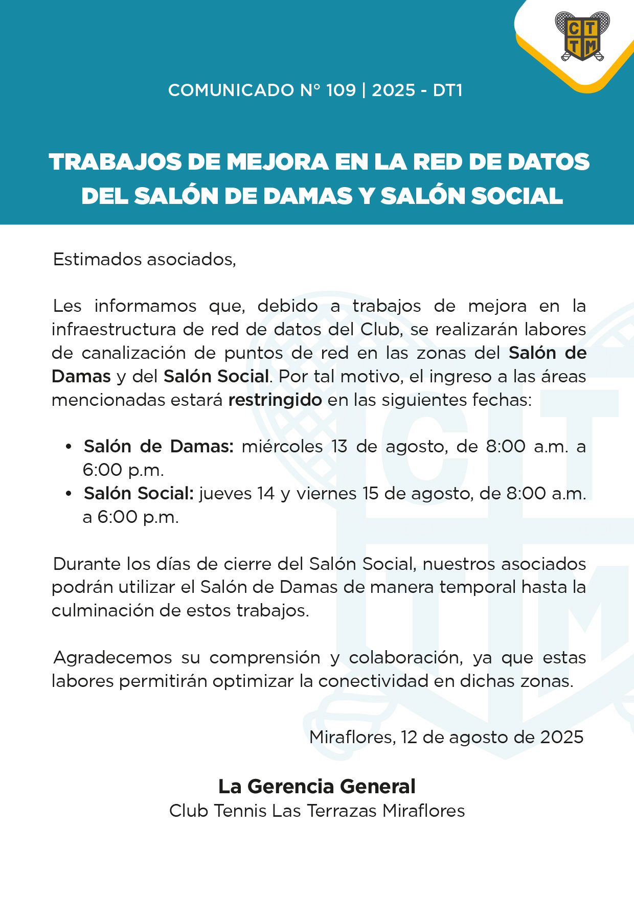 📣COMUNICADO N°109 | 2025:TRABAJOS DE MEJORA EN LA RED DE DATOS DEL SALÓN DE DAMAS - SALÓN SOCIAL