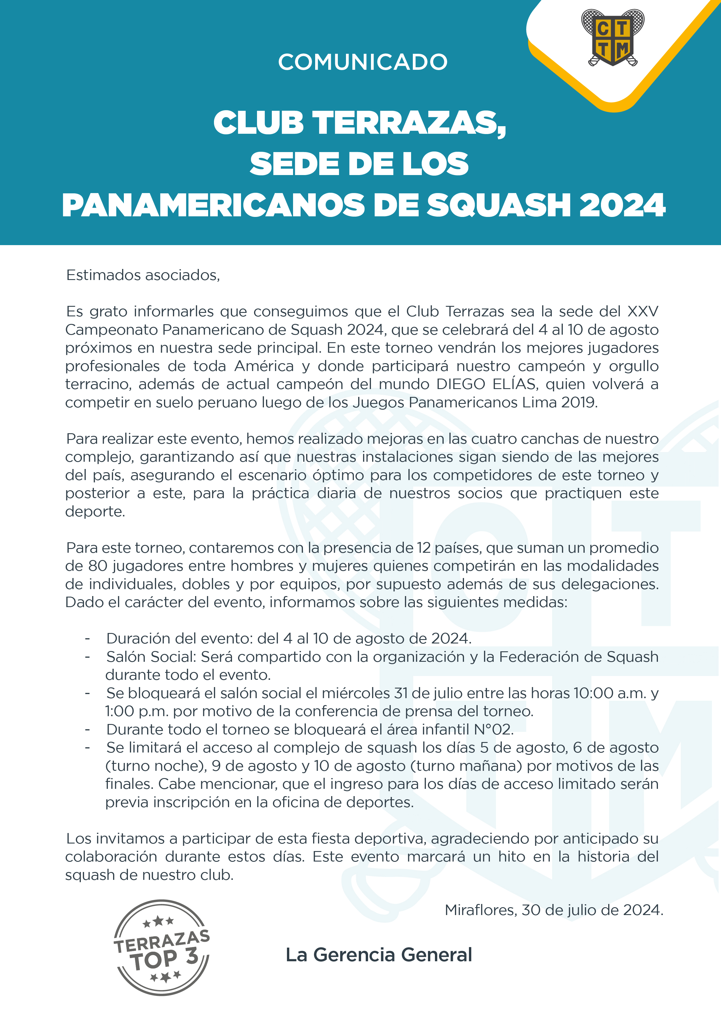 CLUB TERRAZAS, SEDE DE LOS PANAMERICANOS DE SQUASH 2024