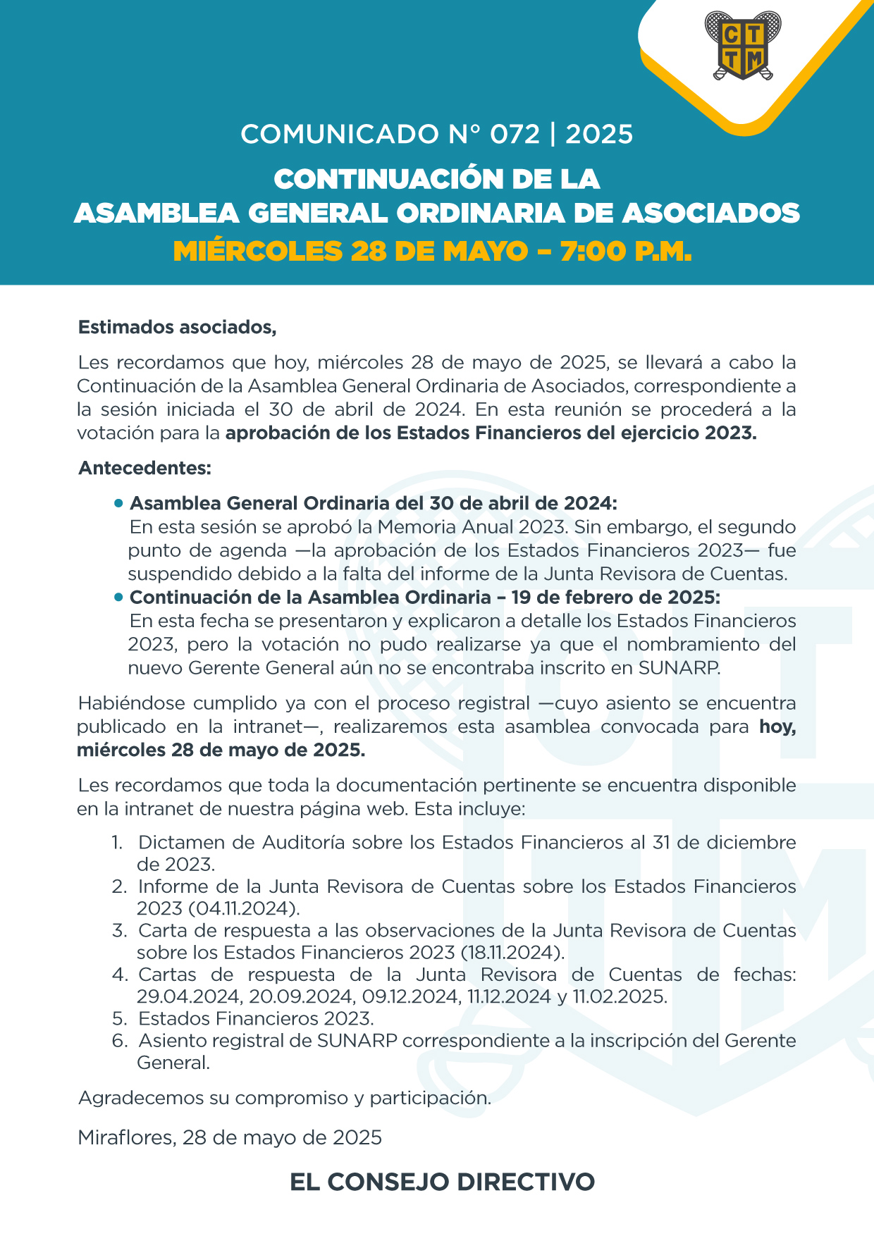 📣COMUNICADO N°072 | 2025: CONTINUACIÓN DE LA ASAMBLEA GENERAL ORDINARIA DE ASOCIADOS