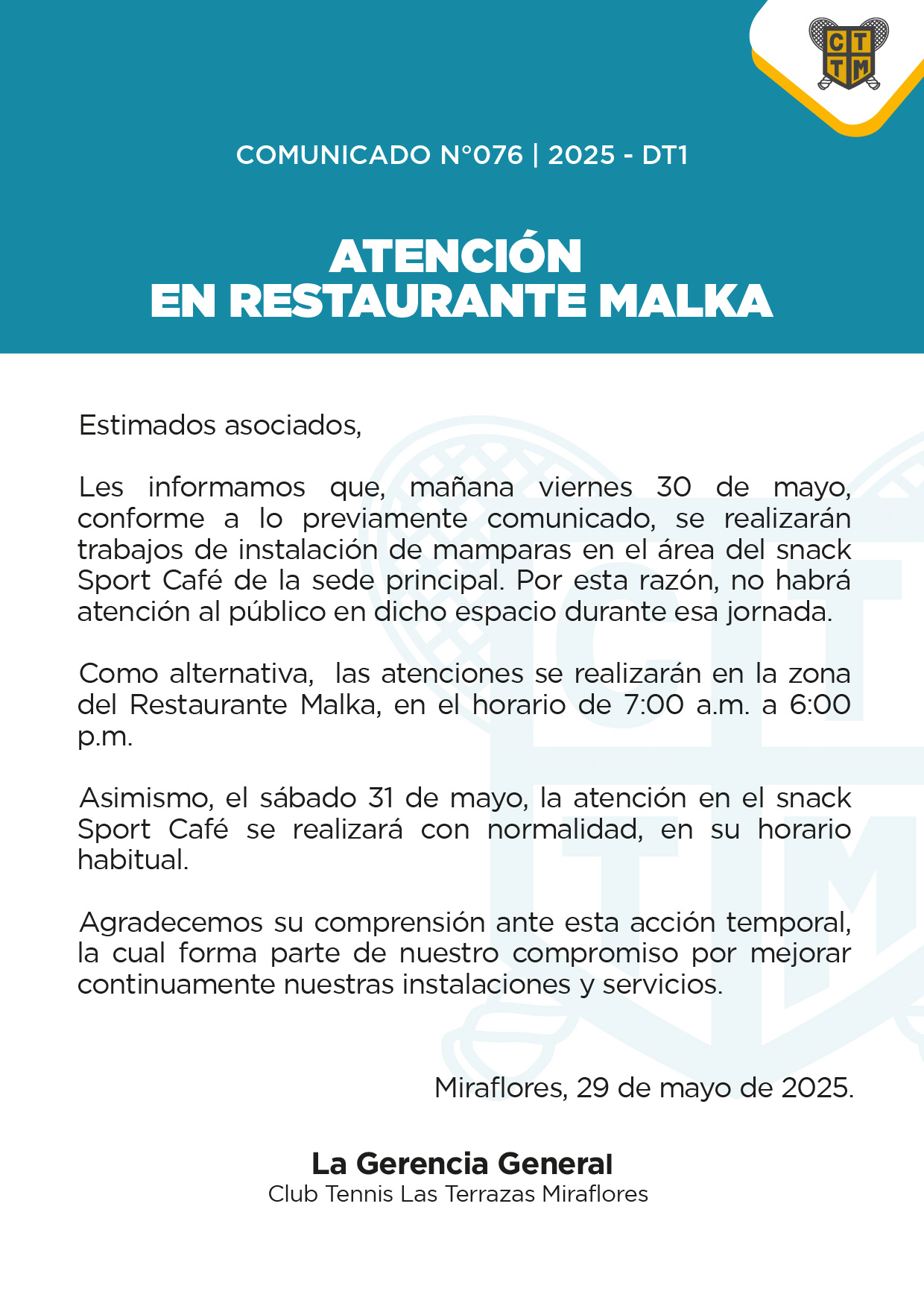 📣COMUNICADO N°076 | 2025-DT1: ATENCIÓN EN MALKA RESTAURANTE