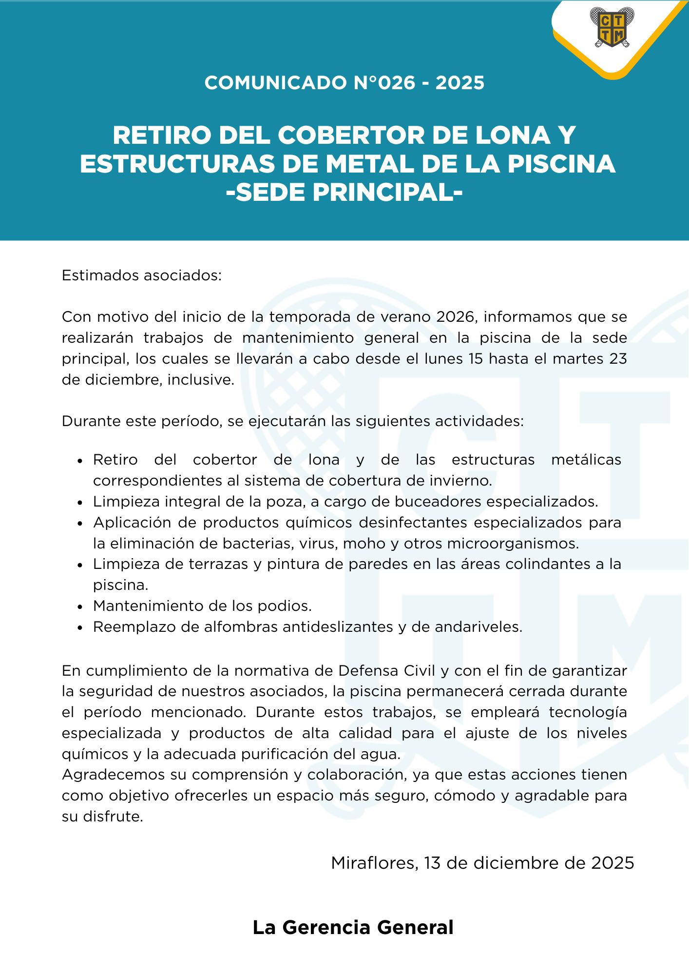 📣COMUNICADO N°026 - 2025 - RETIRO DEL COBERTOR DE LONA Y ESTRUCTURAS DE METAL DE LA PISCINA - SEDE PRINCIPAL