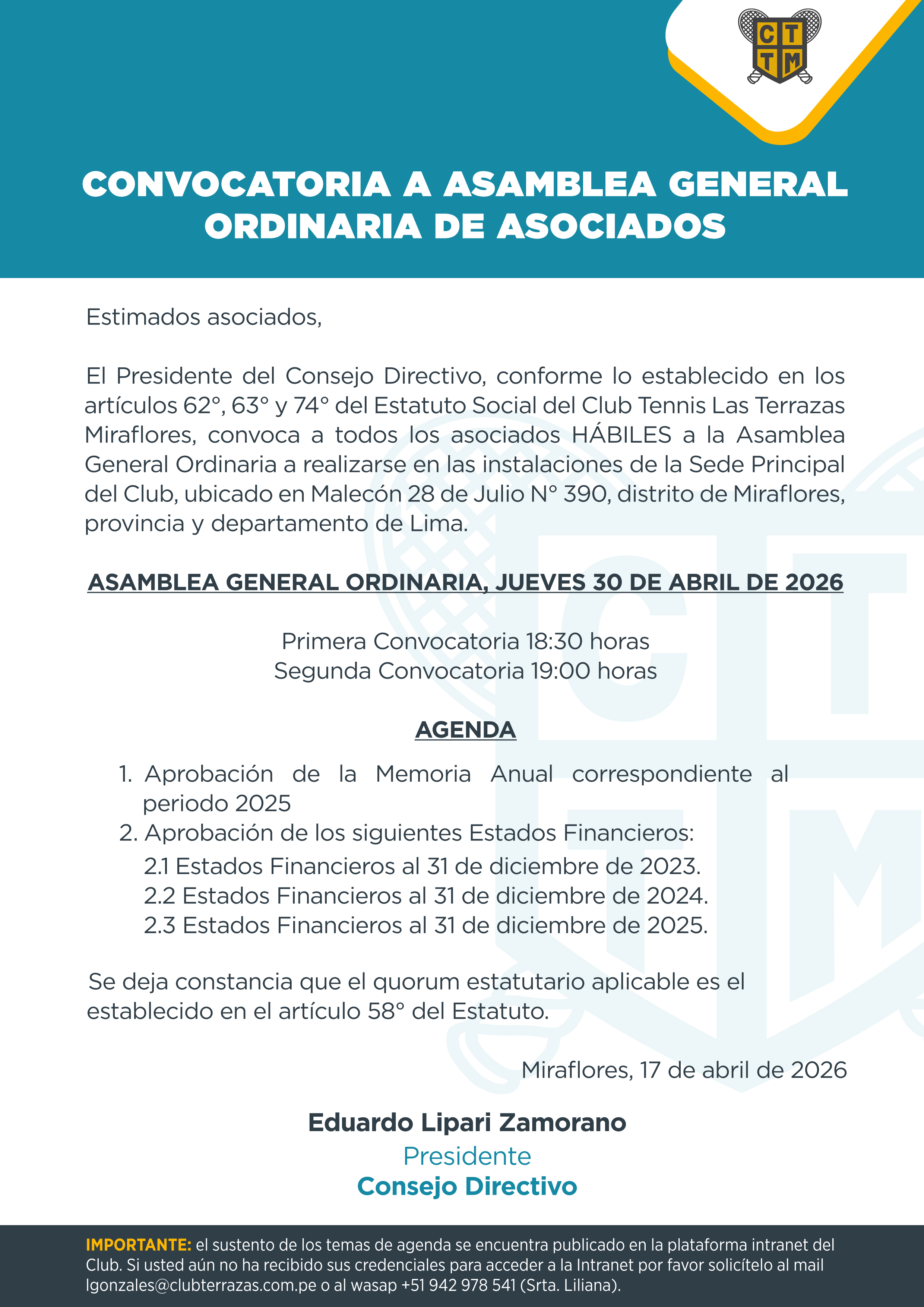 📣CONVOCATORIA A ASAMBLEA GENERAL ORDINARIA DE ASOCIADOS
