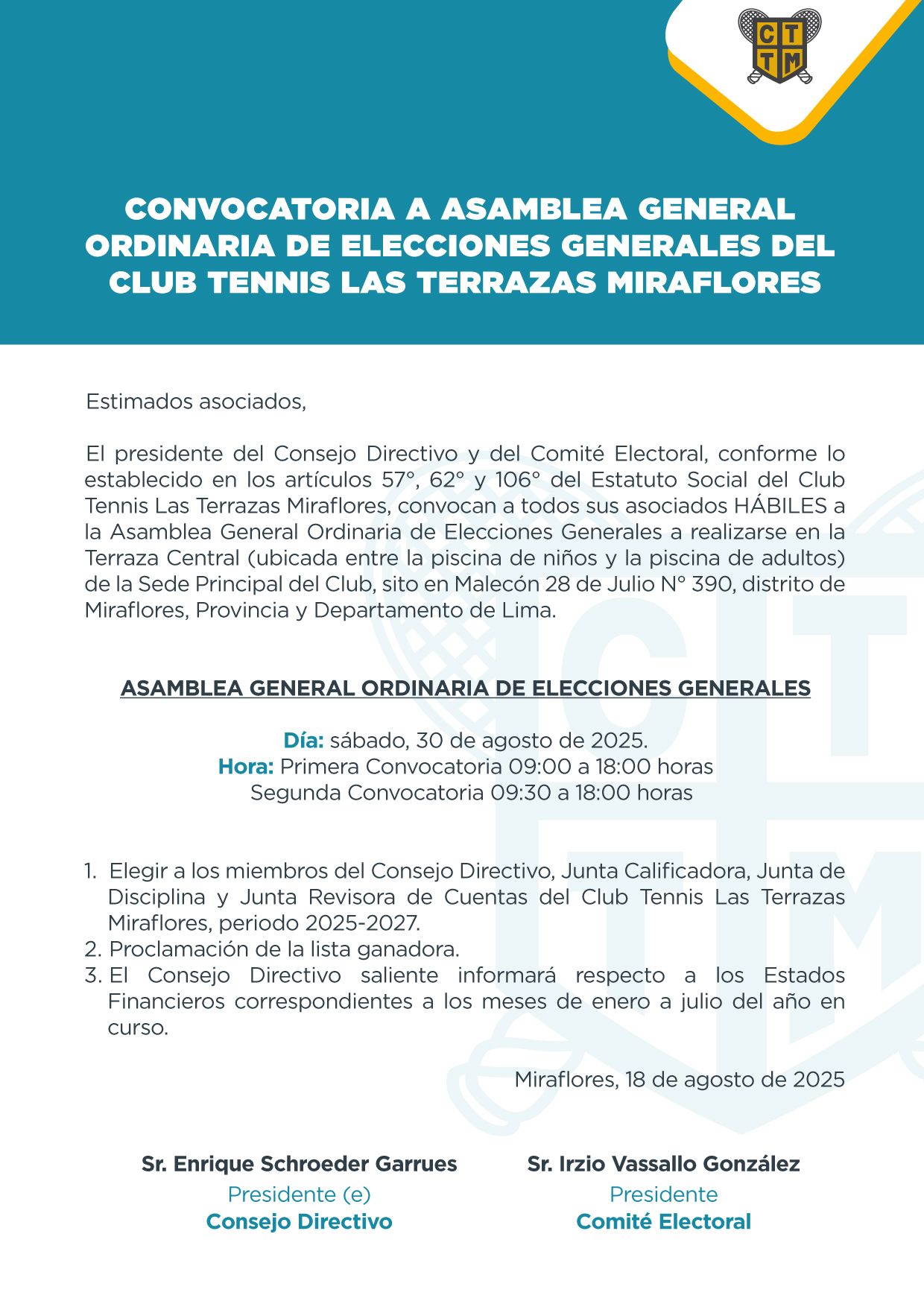 📣🗳️🎾 CONVOCATORIA A ASAMBLEA GENERAL ORDINARIA DE ELECCIONES GENERALES DEL CLUB TENNIS LAS TERRAZAS MIRAFLORES