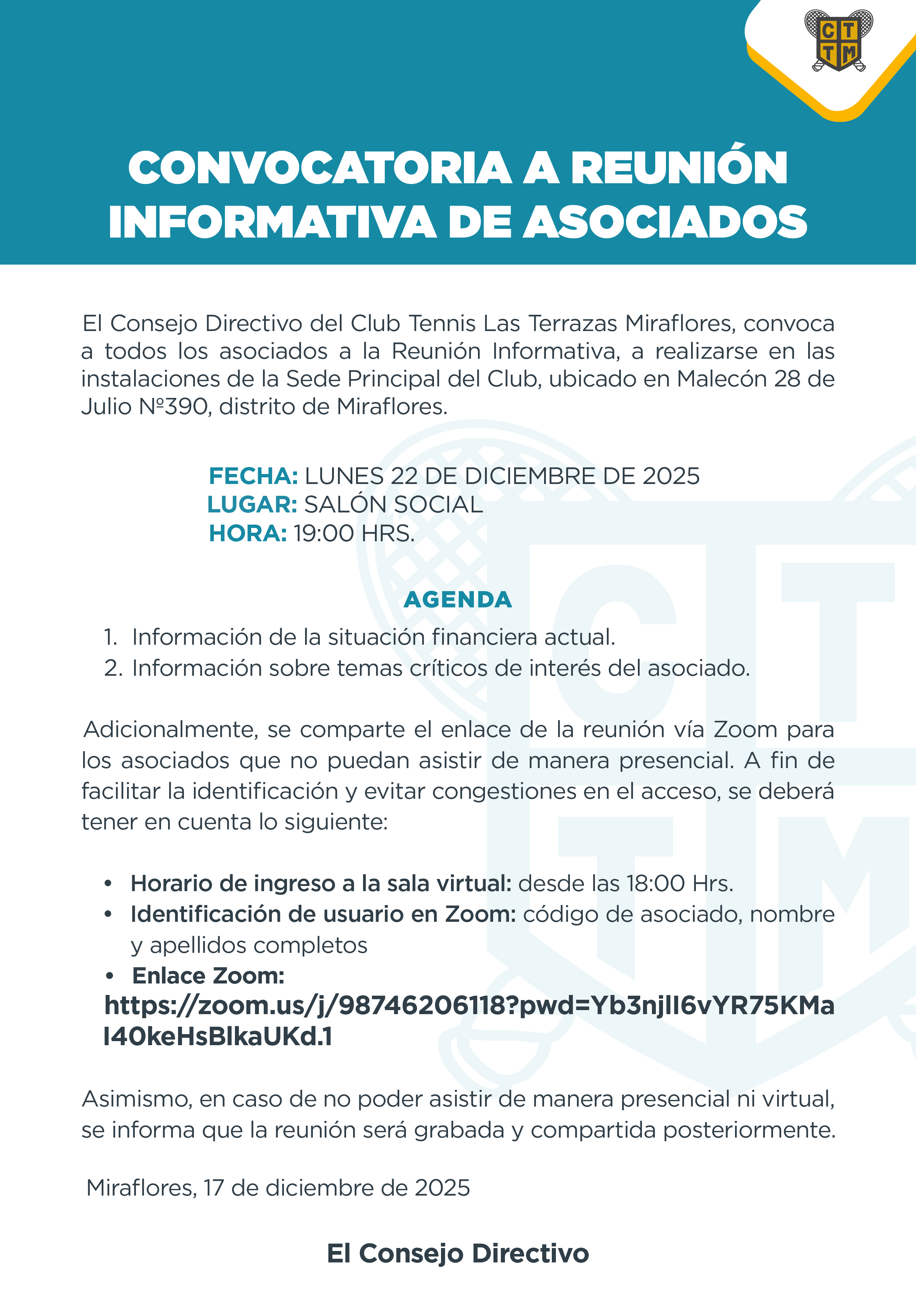  📣CONVOCATORIA A REUNIÓN INFORMATIVA DE ASOCIADOS