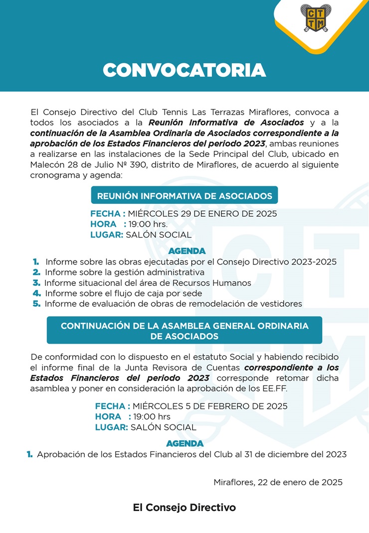 📣 CONVOCATORIA: REUNIÓN INFORMATIVA Y CONTINUACIÓN DE LA ASAMBLEA GENERAL ORDINARIA DE ASOCIADOS.