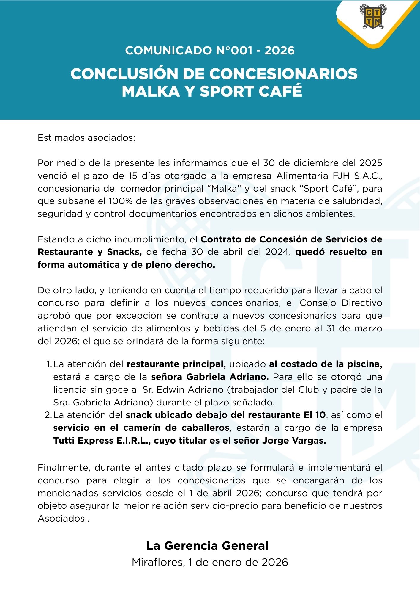 📣COMUNICADO N°001 - 2026 - CONCLUSIÓN DE CONCESIONARIOS MALKA Y SPORT CAFÉ