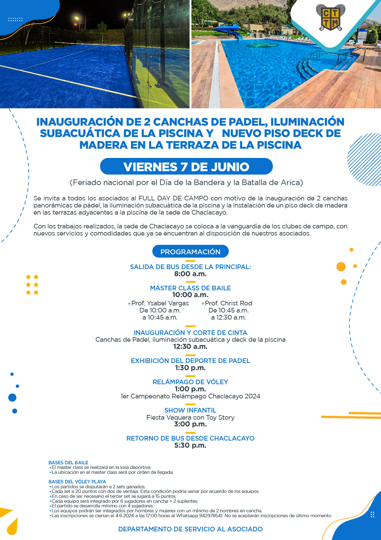 INAUGURACIÓN DE 2 CANCHAS DE PADEL,  ILUMINACIÓN SUBACUÁTICA DE LA PISCINA Y   NUEVO PISO DECK DE MADERA EN LA TERRAZA DE LA PISCINA 