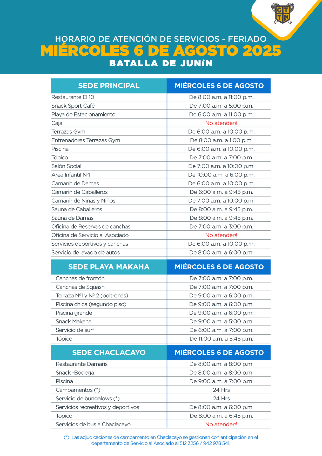 🗓️⏰ HORARIO DE ATENCIÓN – FERIADO MIÉRCOLES 6 DE AGOSTO 📢