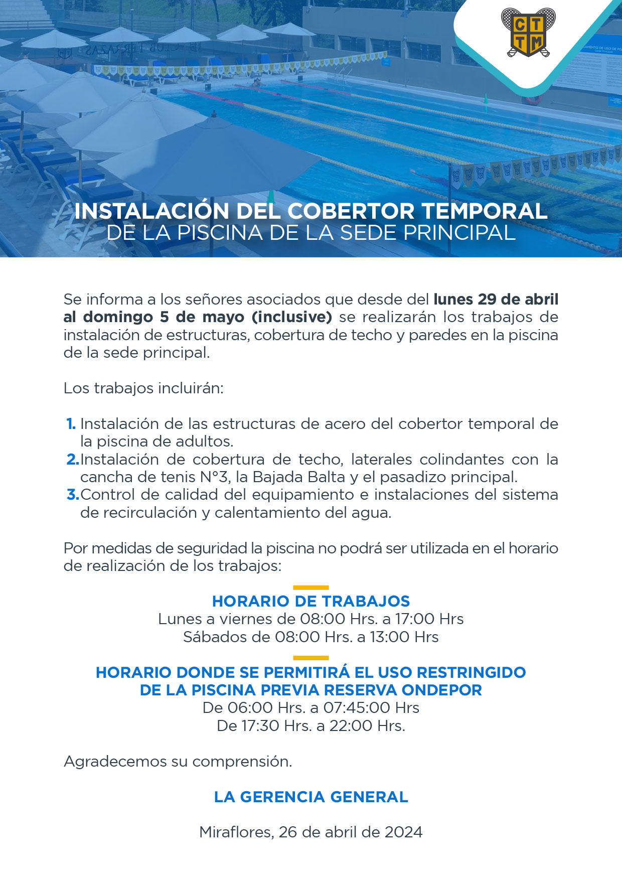 INSTALACIÓN DEL COBERTOR TEMPORAL DE LA PISCINA DE LA SEDE PRINCIPAL