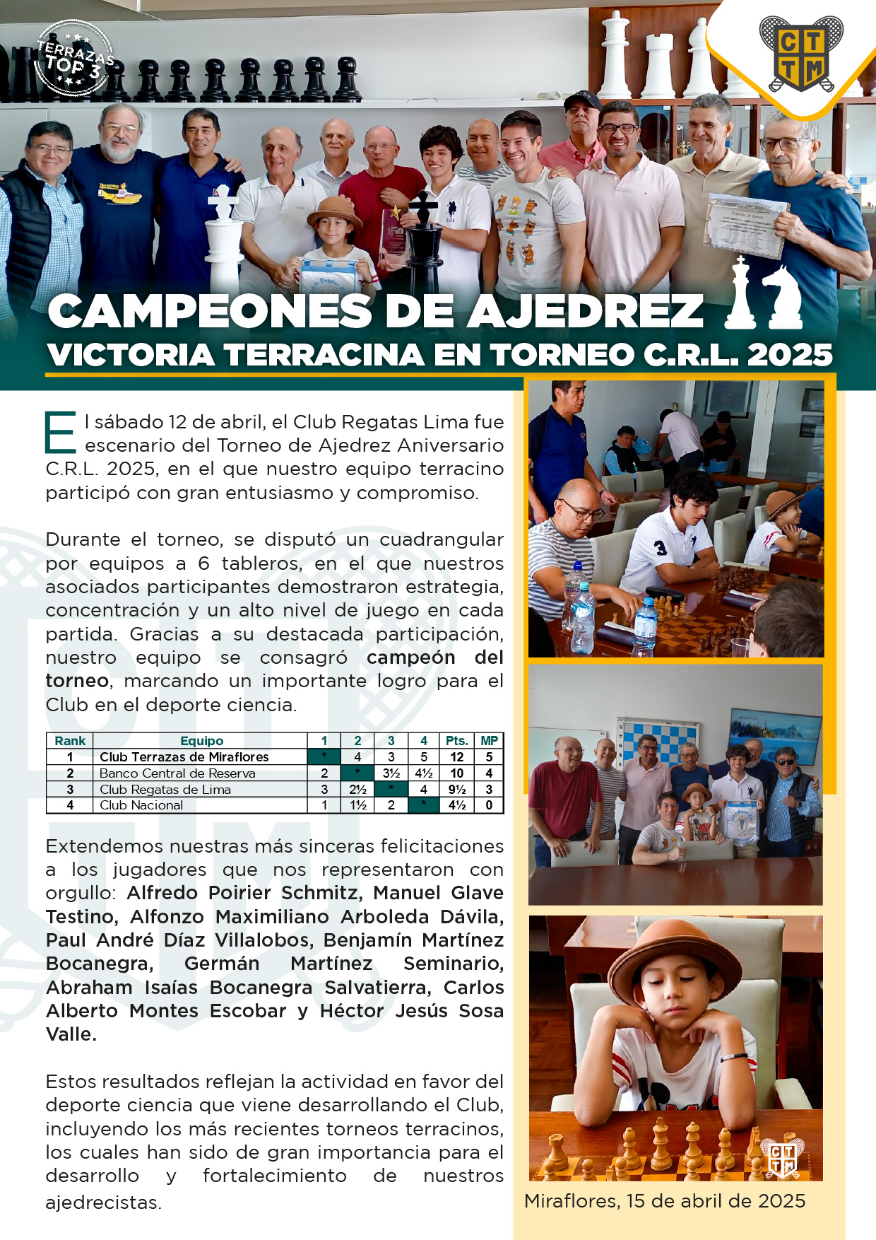 ♟️🏆 CAMPEONES DE AJEDREZ: VICTORIA TERRACINA EN EL TORNEO ANIVERSARIO C.R.L. 2025 