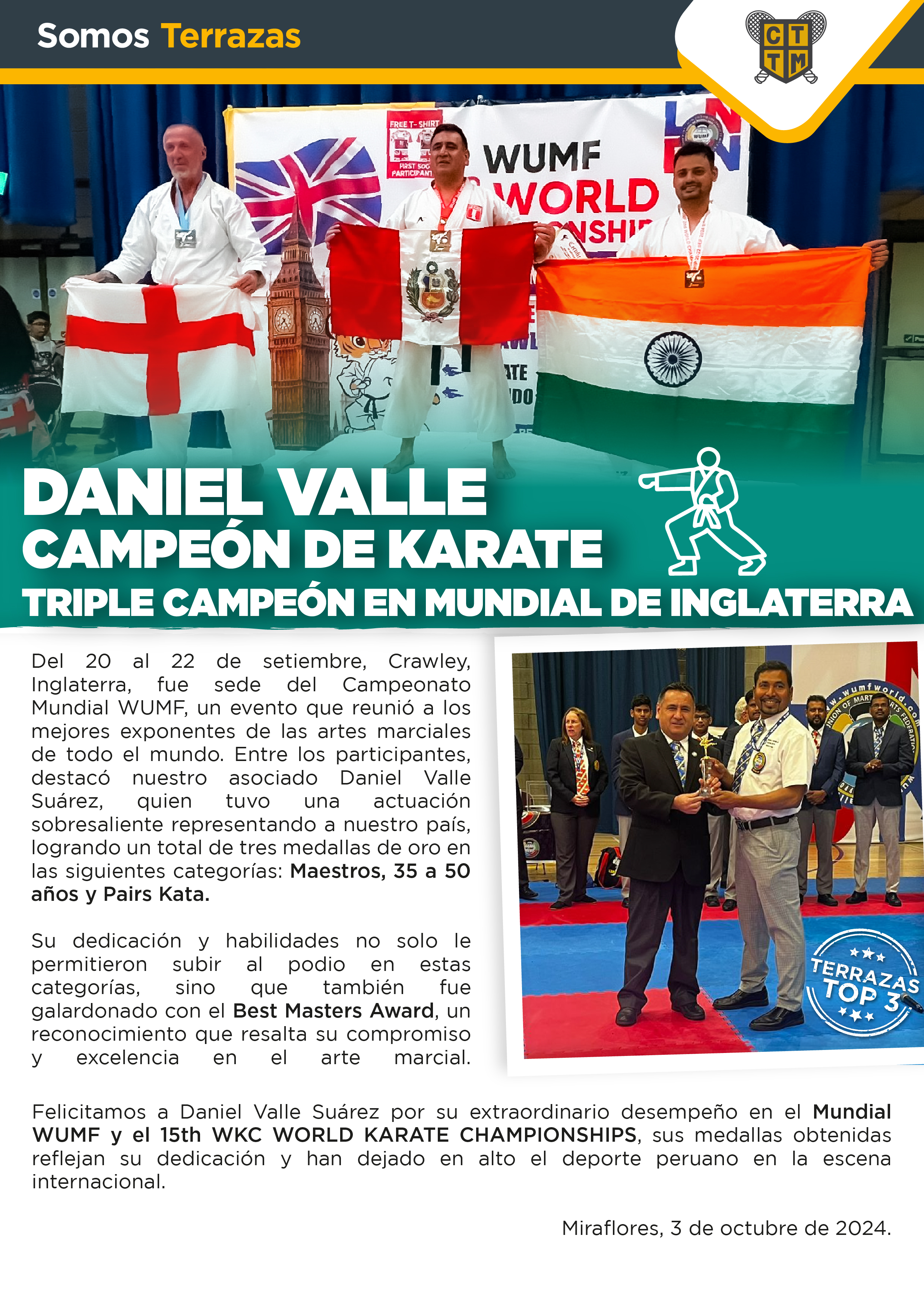 DANIEL VALLE CAMPEÓN DE KARATE: TRIPLE CAMPEÓN EN MUNDIAL DE INGLATERRA