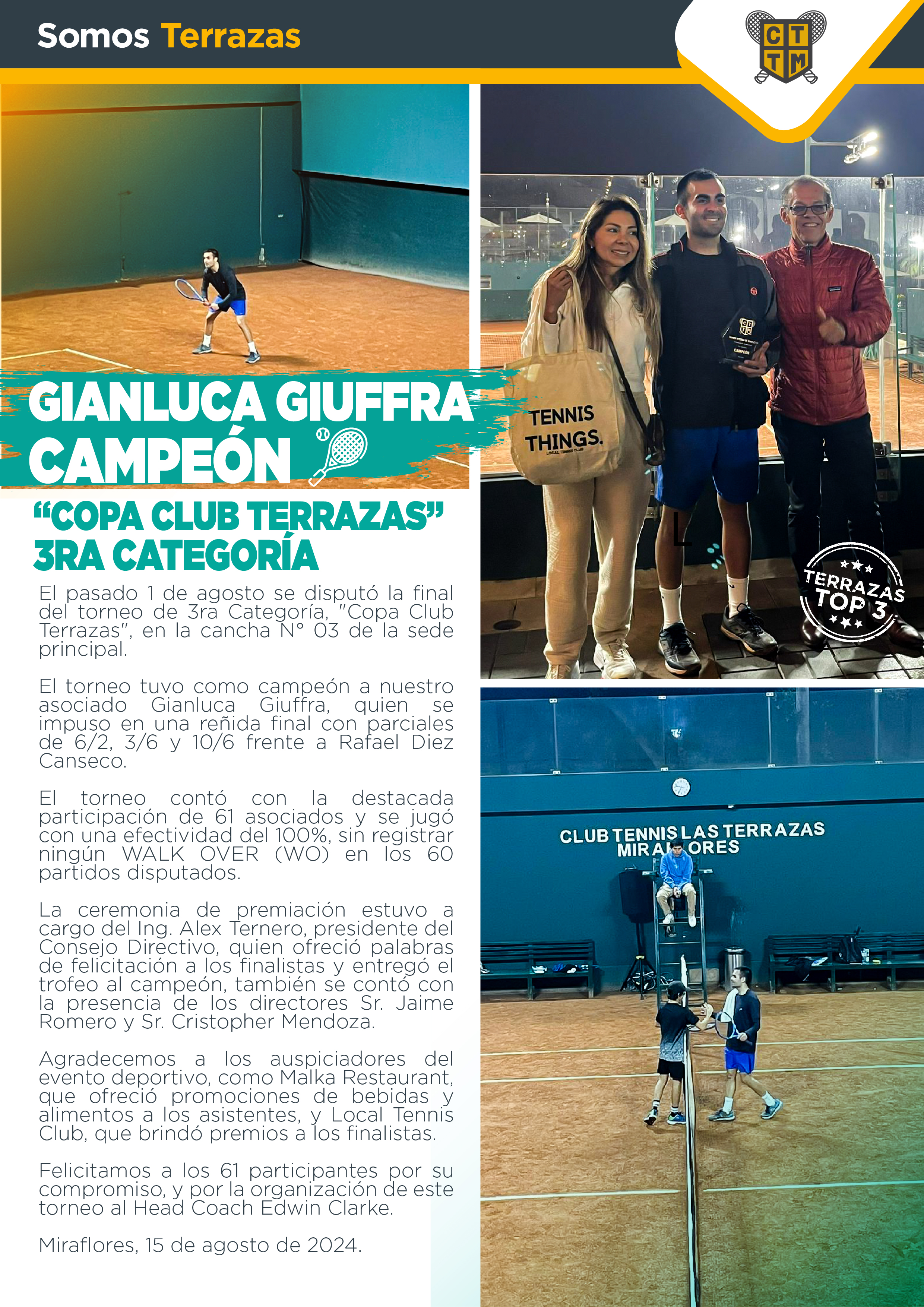 GIANLUCA GIUFFRA CAMPEÓN, “COPA CLUB TERRAZAS” 3RA CATEGORÍA