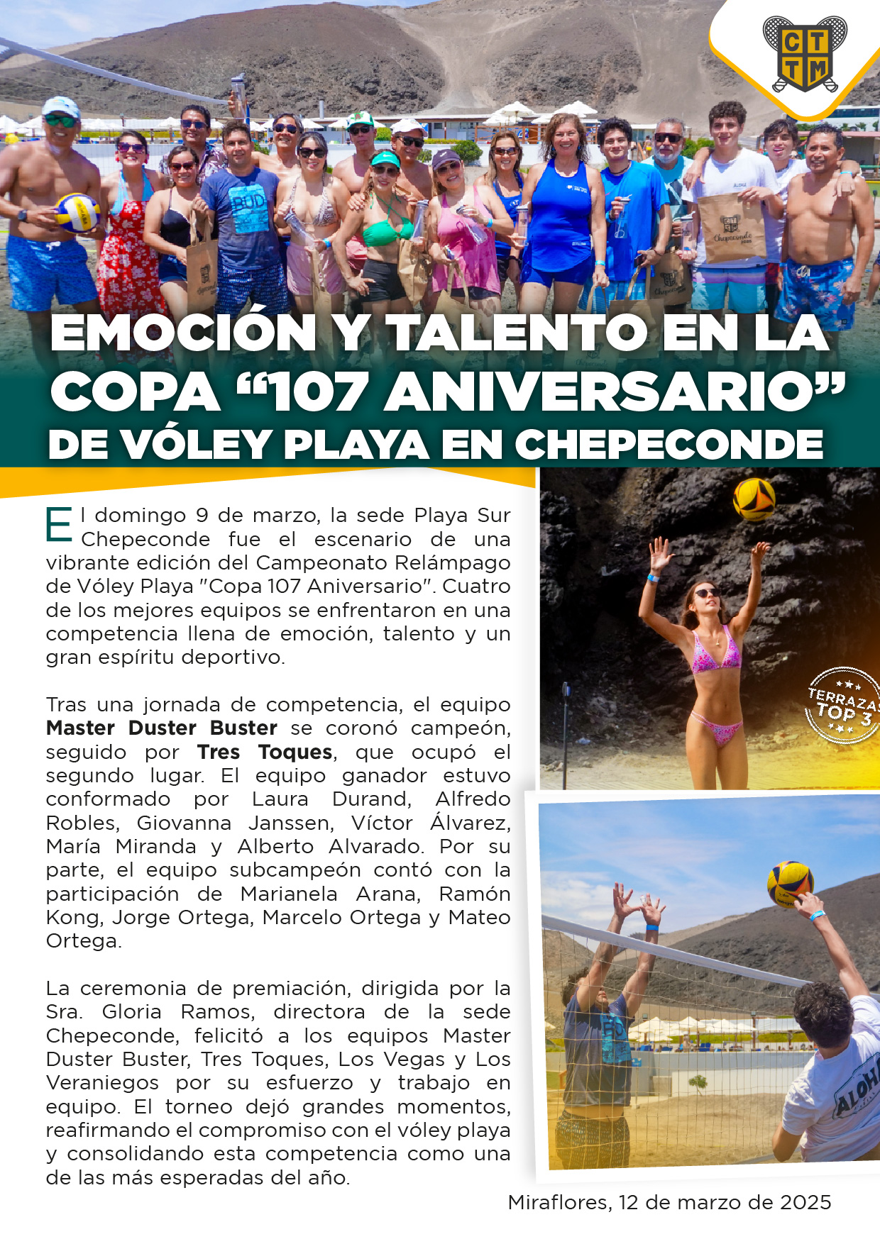 🏆 EMOCIÓN Y TALENTO EN EL CAMPEONATO RELÁMPAGO DE VÓLEY PLAYA “COPA 107 ANIVERSARIO” 🏐✨